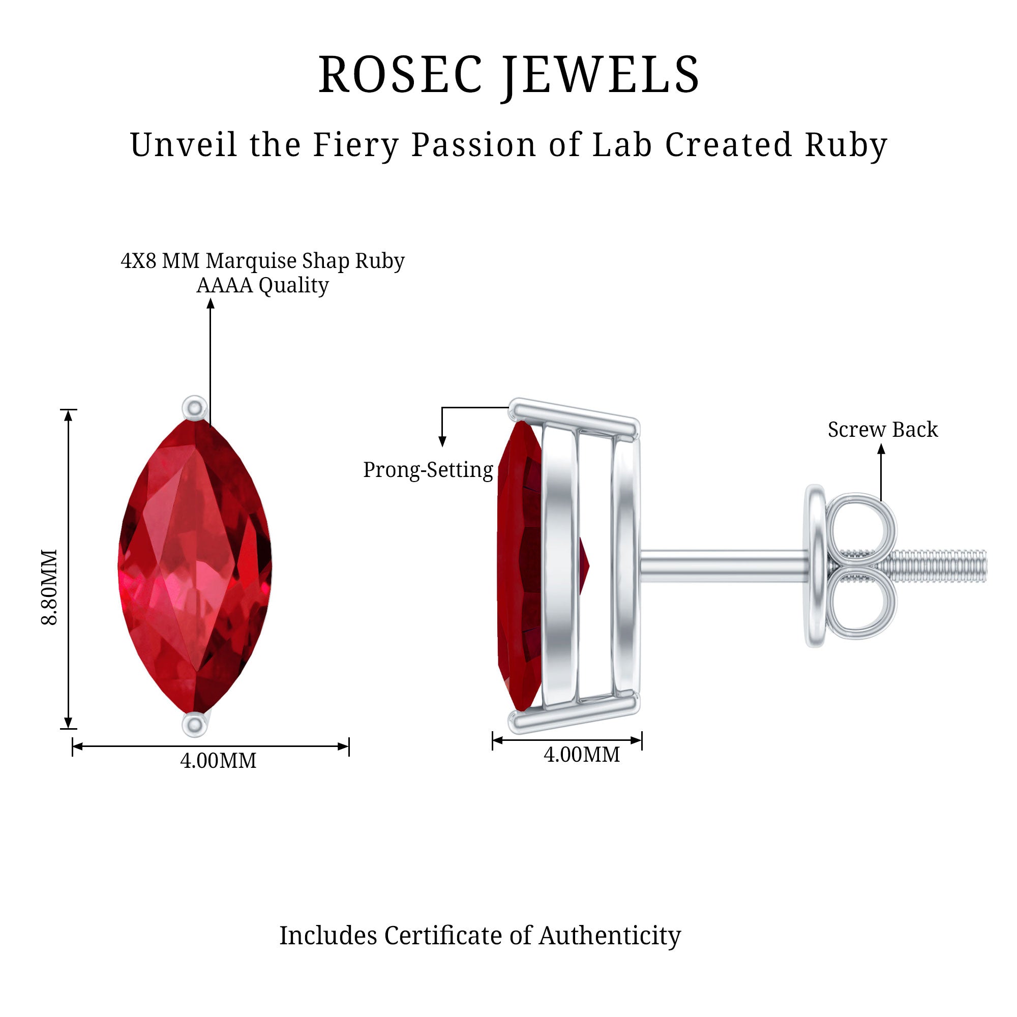 1.5 Carat Marquise Cut Lab Grown Ruby Stud Earrings AAAA - Rosec Jewels