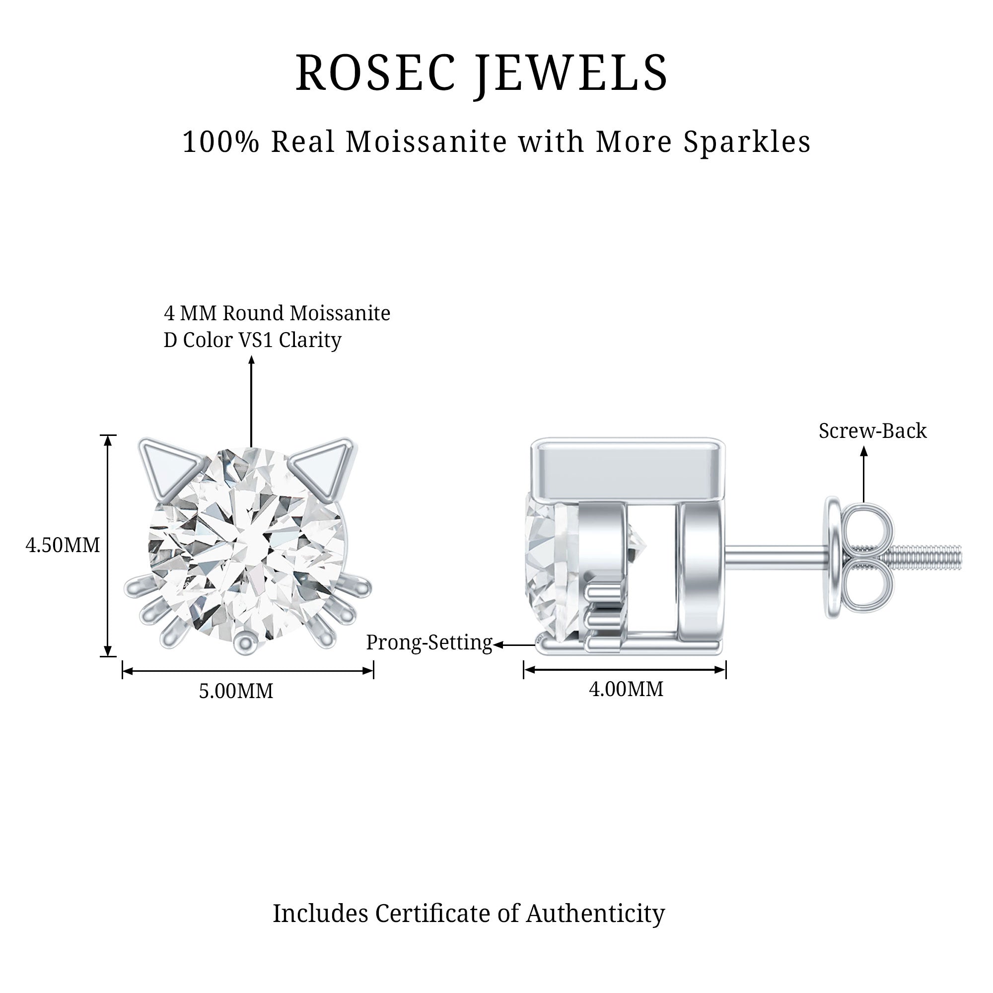 Dainty Round Shape Moissanite Cat Stud Earrings D-VS1 - Rosec Jewels