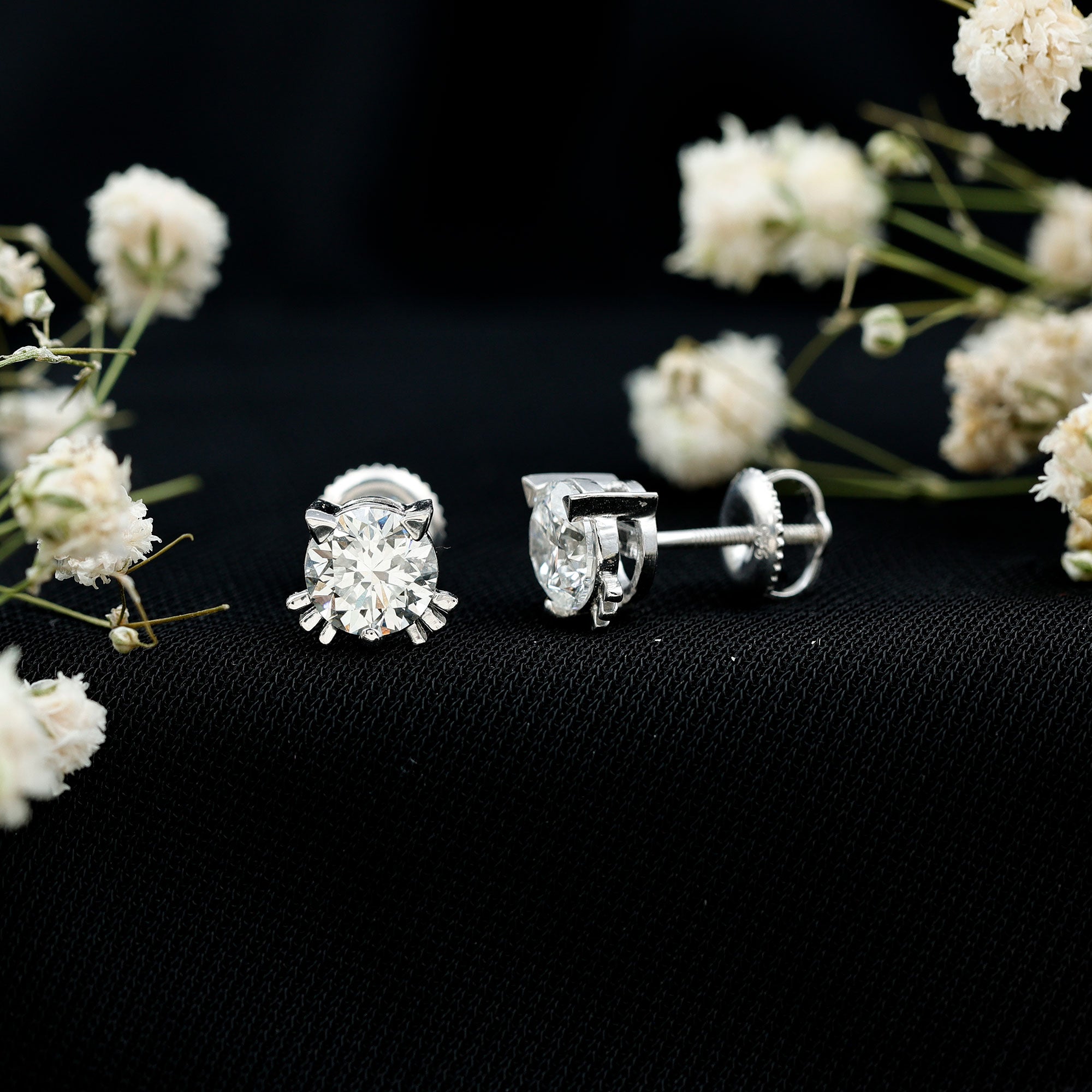 Dainty Round Shape Moissanite Cat Stud Earrings D-VS1 - Rosec Jewels