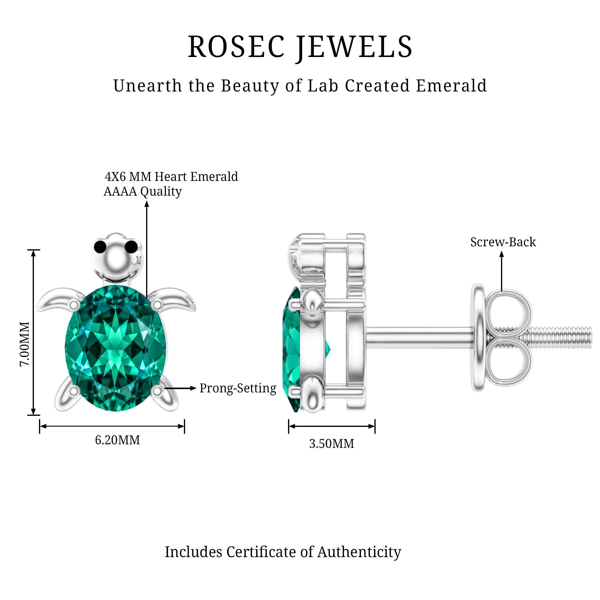 1 Carat Oval Shape Lab Created Emerald Cute Turtle Stud Earrings AAAA - Rosec Jewels