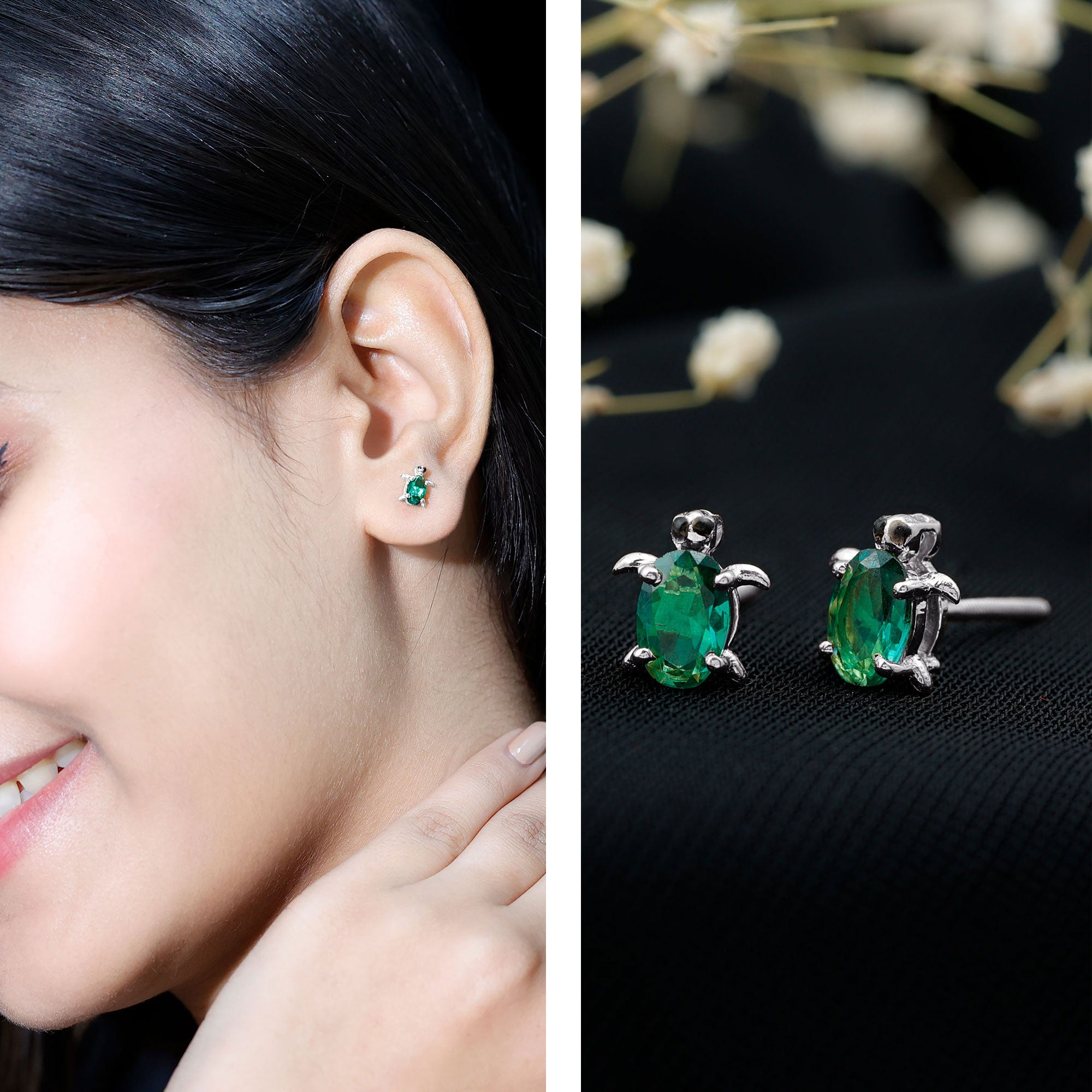 1 Carat Oval Shape Lab Created Emerald Cute Turtle Stud Earrings AAAA - Rosec Jewels