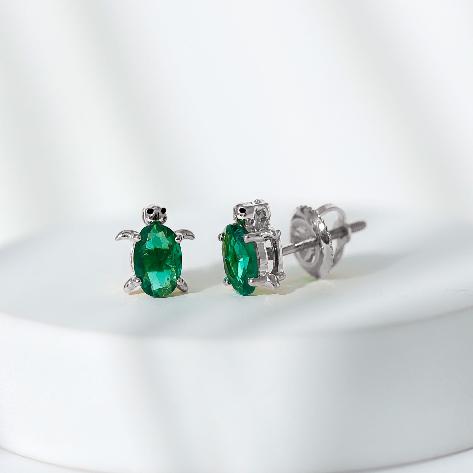 1 Carat Oval Shape Lab Created Emerald Cute Turtle Stud Earrings AAAA - Rosec Jewels