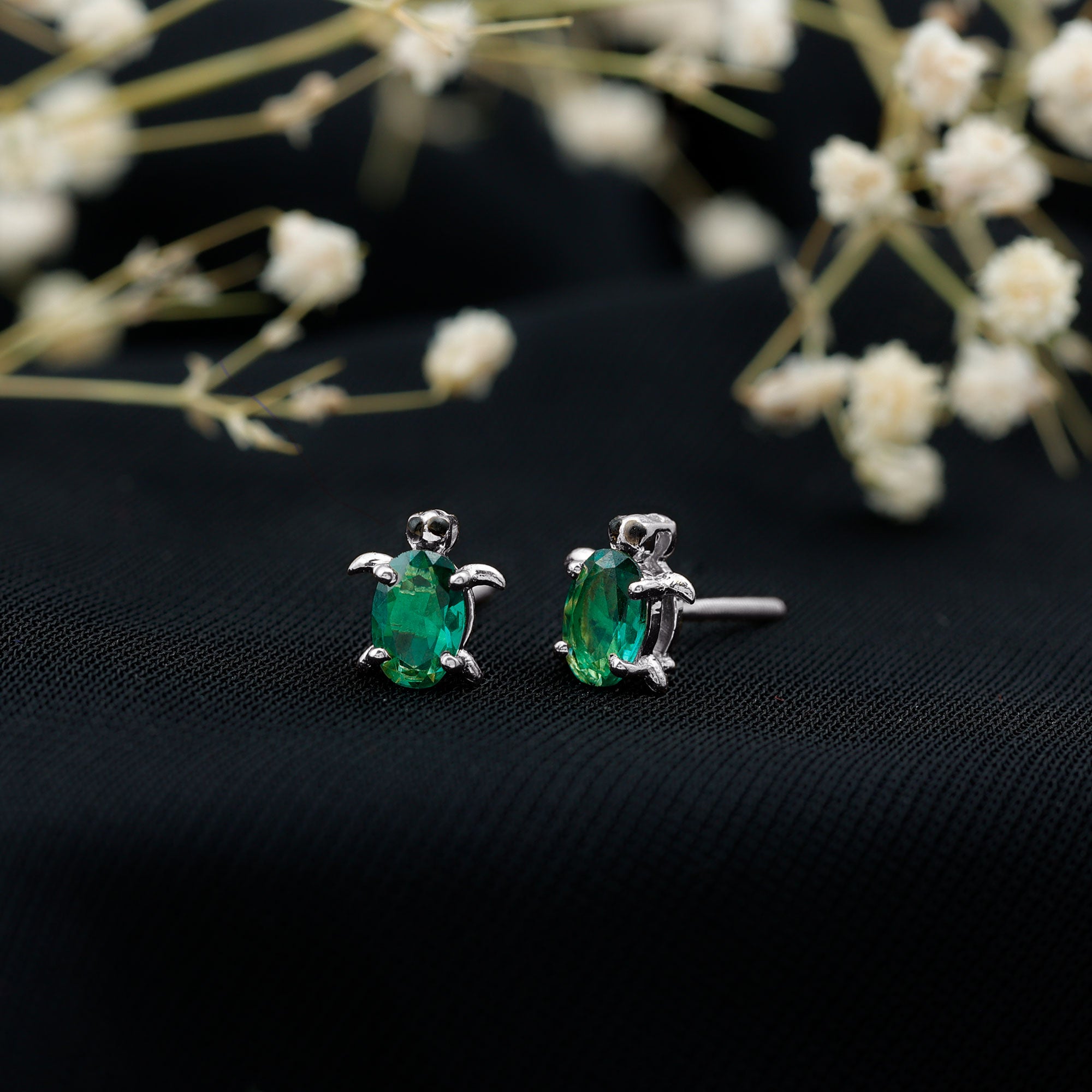 1 Carat Oval Shape Lab Created Emerald Cute Turtle Stud Earrings AAAA - Rosec Jewels