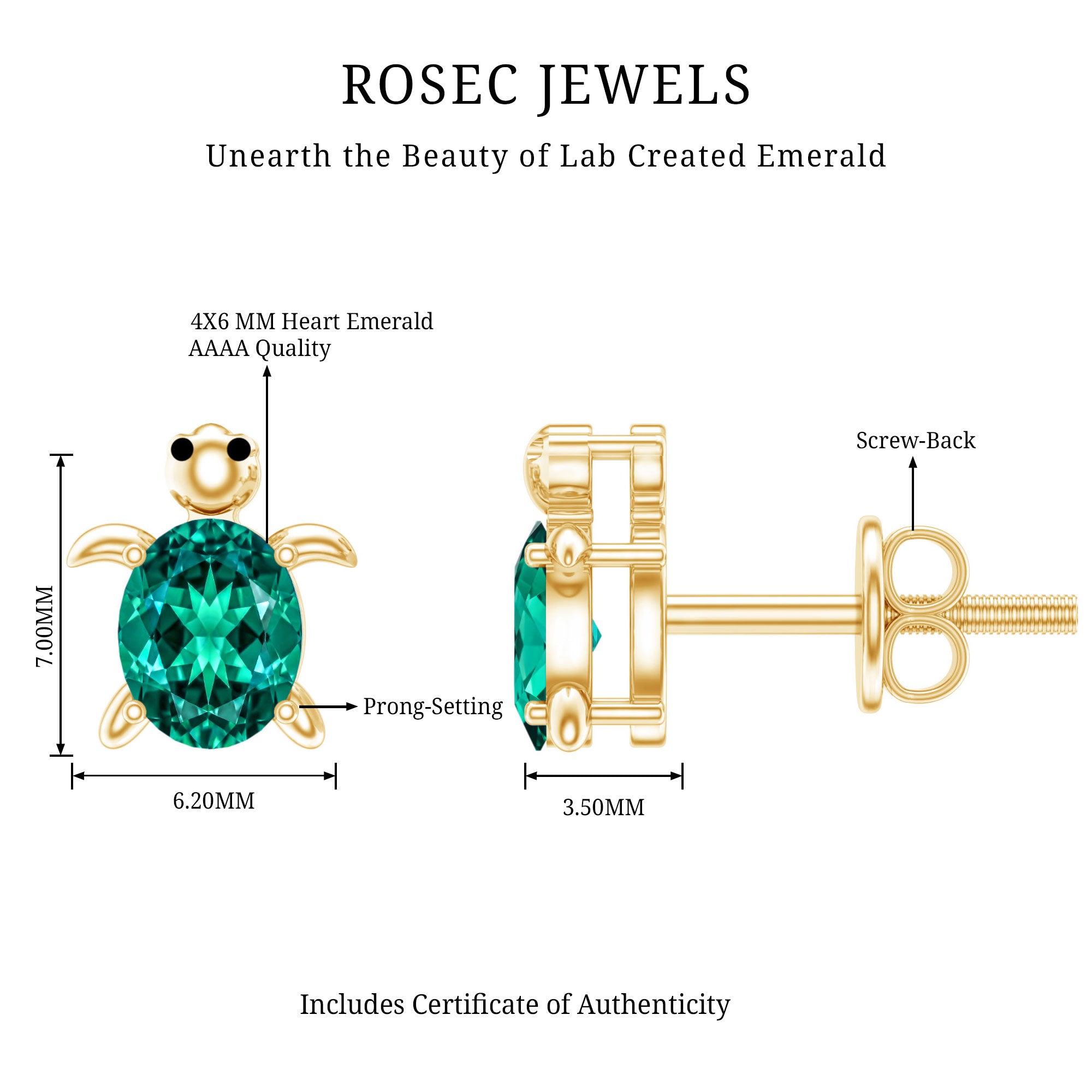 1 Carat Oval Shape Lab Created Emerald Cute Turtle Stud Earrings AAAA - Rosec Jewels