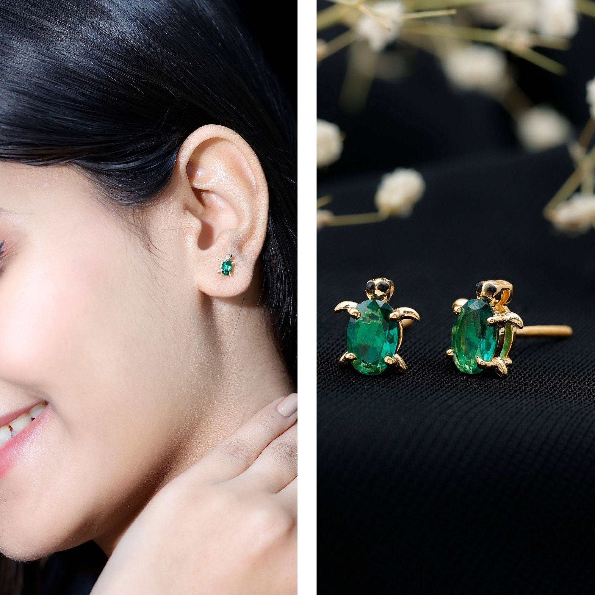1 Carat Oval Shape Lab Created Emerald Cute Turtle Stud Earrings AAAA - Rosec Jewels