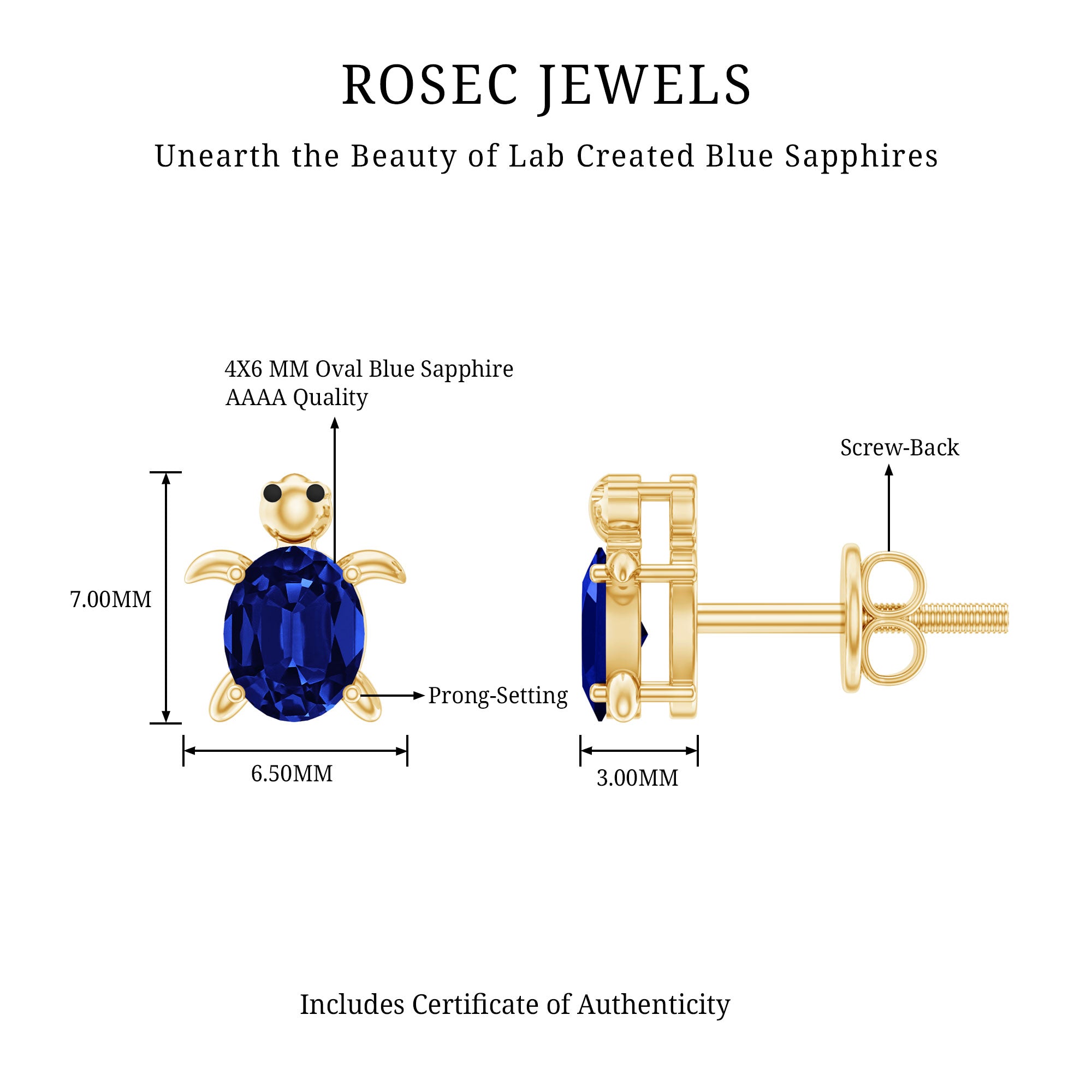 1.2 Carat Lab Created Blue Sapphire Turtle Stud Earrings AAAA - Rosec Jewels