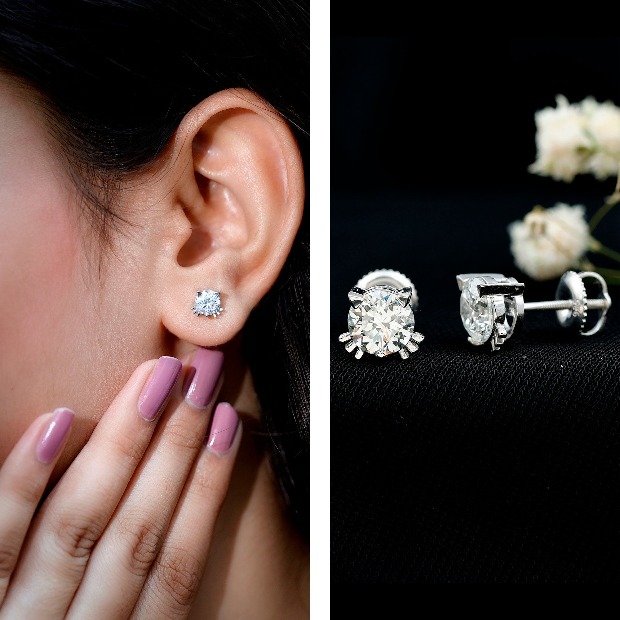 Natural Diamond Cat Stud Earrings Natural - ( HI-SI ) - Rosec Jewels