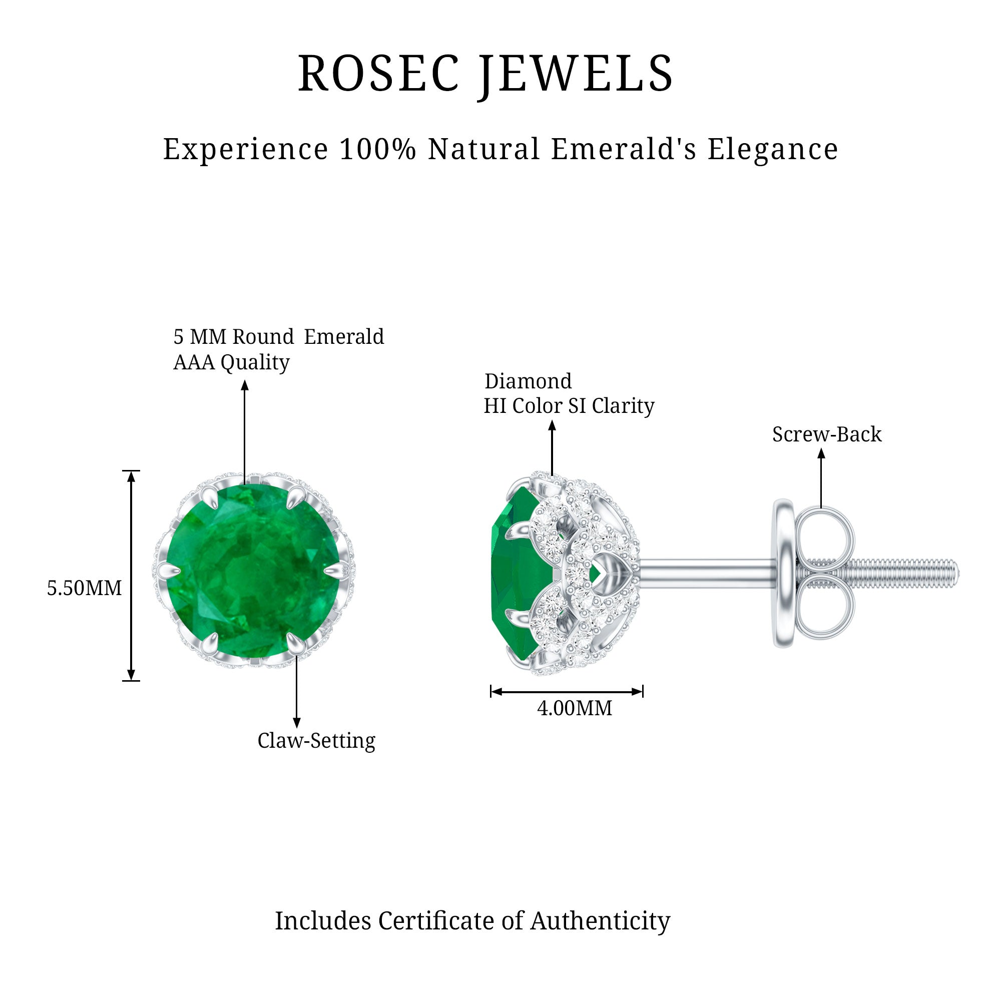 Designer Emerald Diamond Stud Earrings with Screw Back AAA - Rosec Jewels