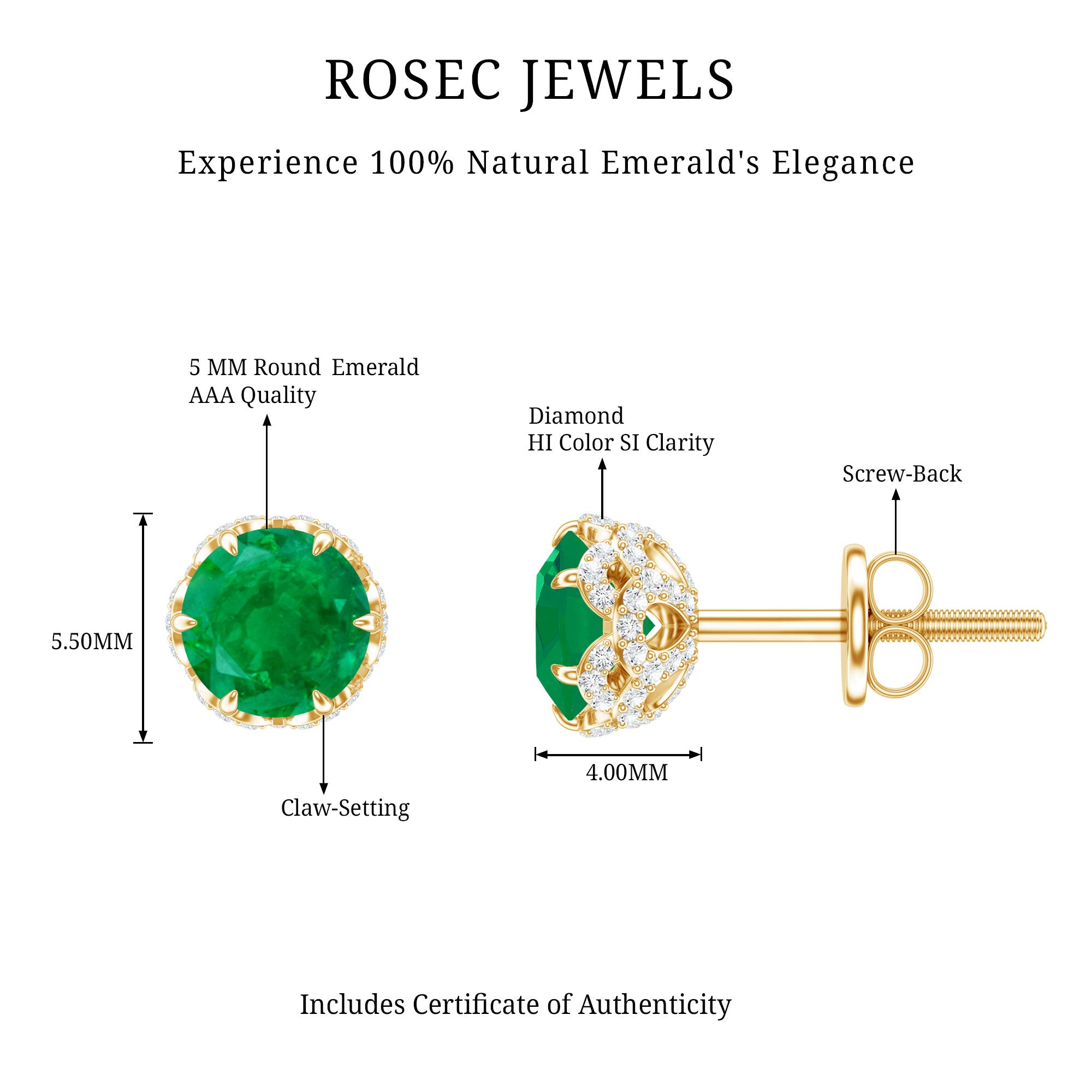 Designer Emerald Diamond Stud Earrings with Screw Back AAA - Rosec Jewels