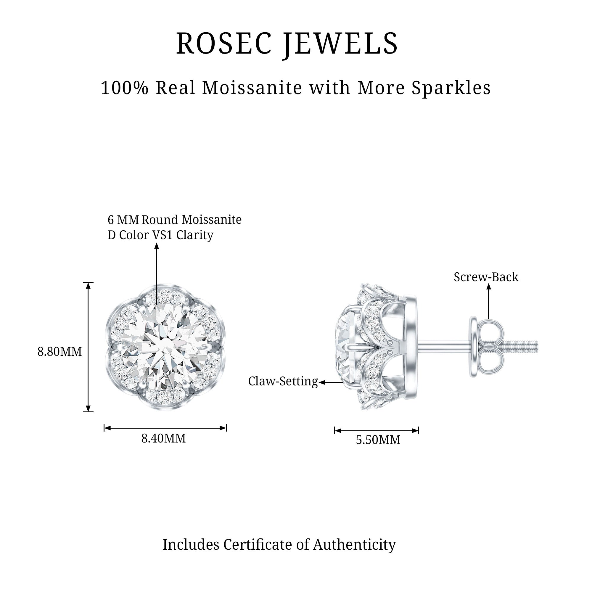 Certified 2 Carat Moissanite Flower Stud Earrings D-VS1 - Rosec Jewels
