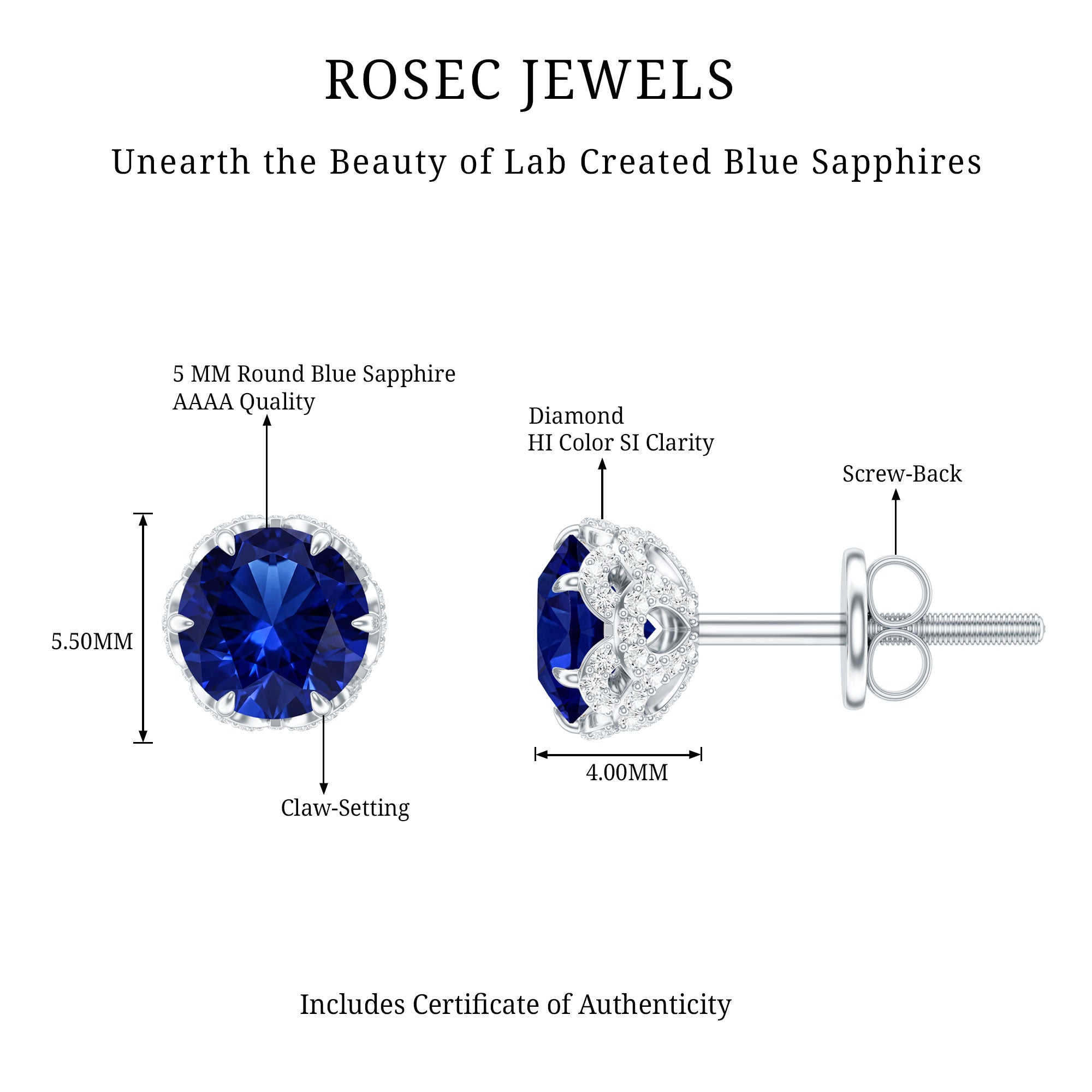 Solitaire Lab Created Blue Sapphire Stud Earrings with Diamonds AAAA - Rosec Jewels