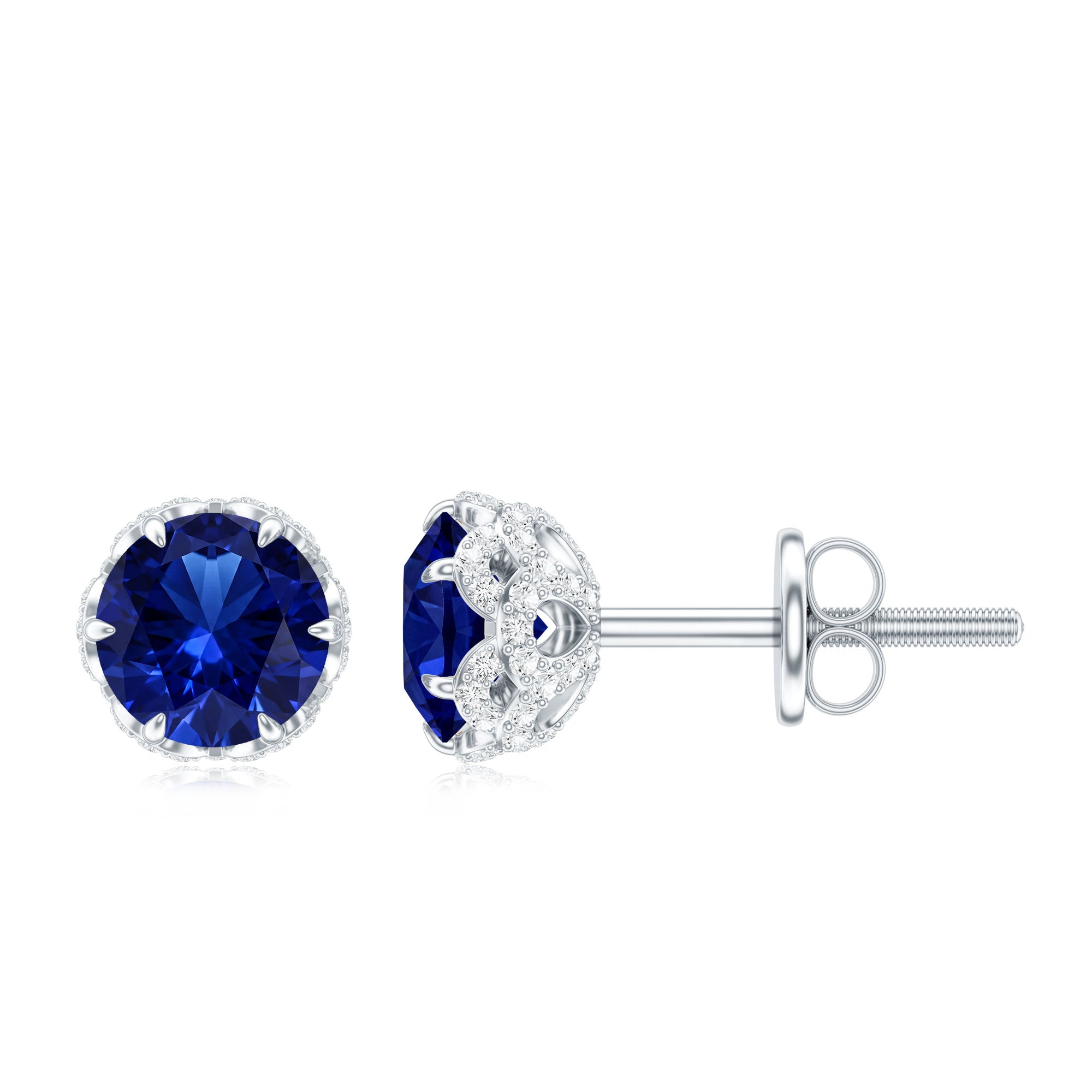 Solitaire Lab Created Blue Sapphire Stud Earrings with Diamonds AAAA - Rosec Jewels
