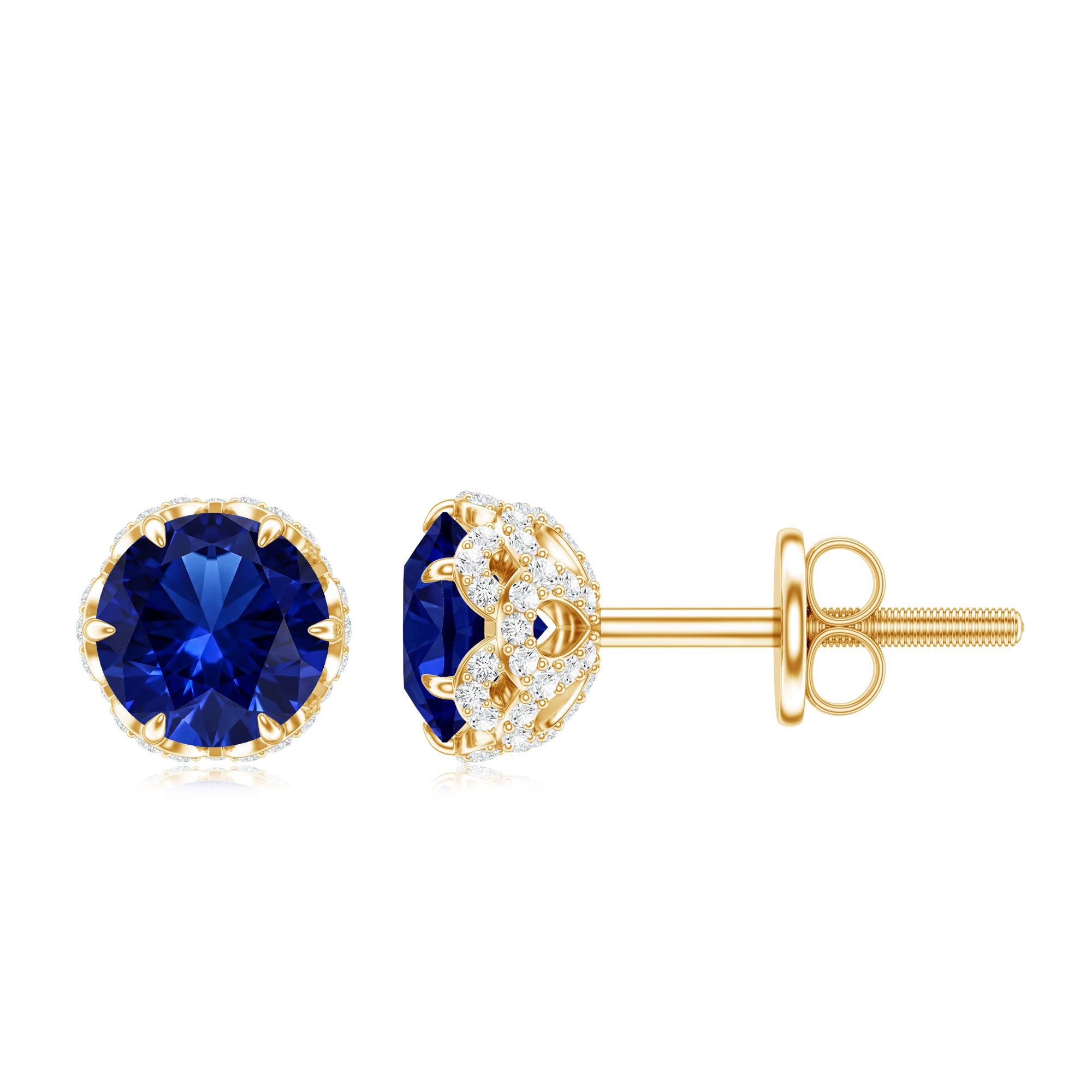 Solitaire Lab Created Blue Sapphire Stud Earrings with Diamonds AAAA - Rosec Jewels