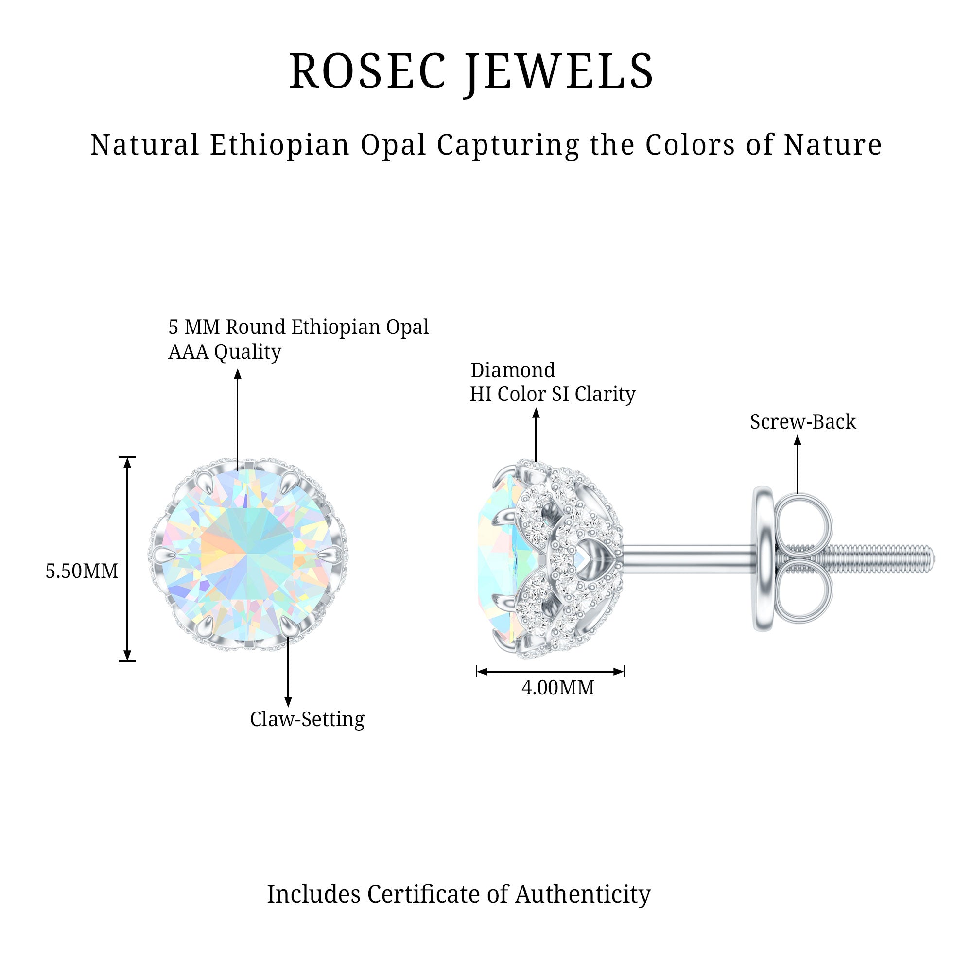 Designer Ethiopian Opal Stud Earrings with Diamond AAA - Rosec Jewels