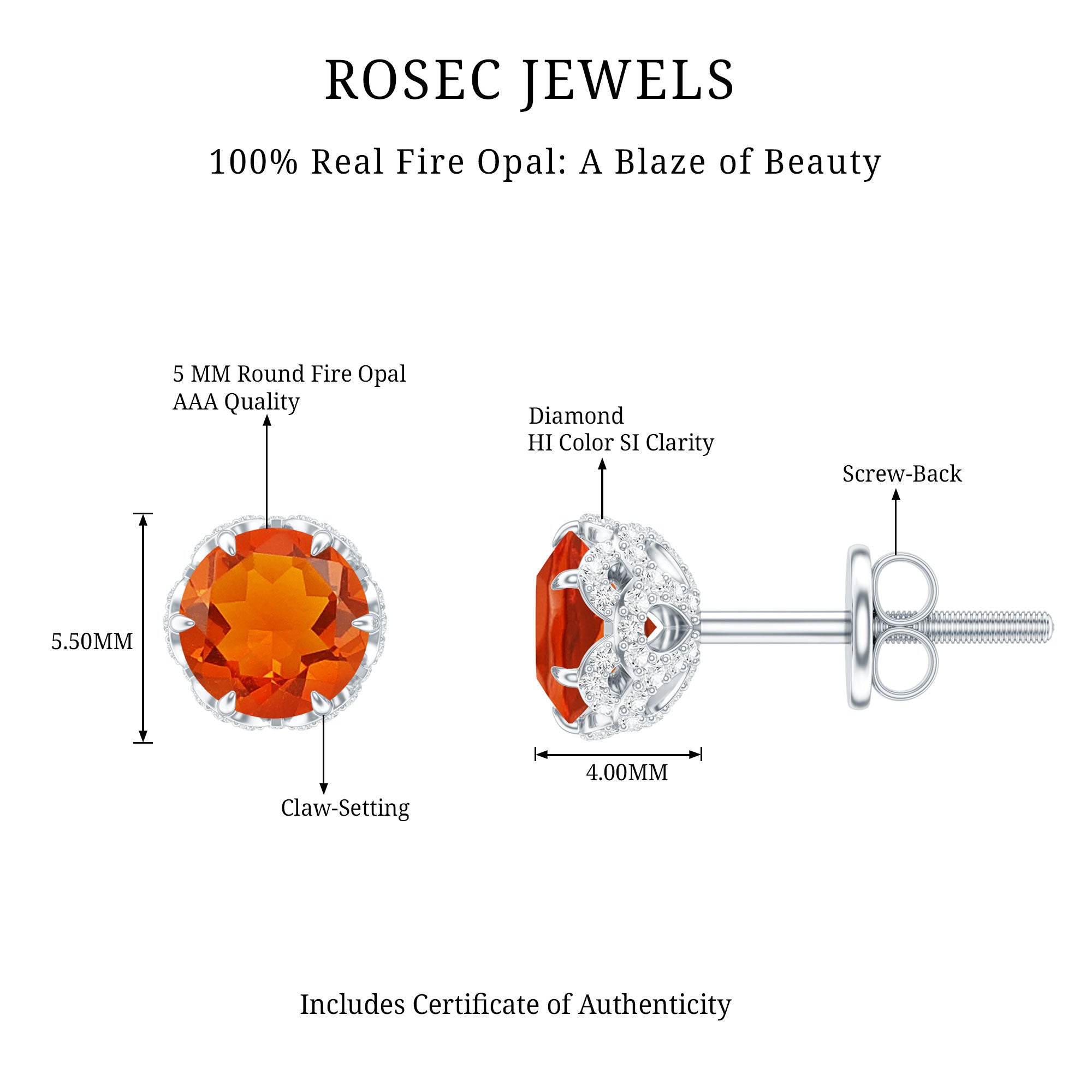 Designer Orange Fire Opal Stud Earrings with Diamond AAA - Rosec Jewels