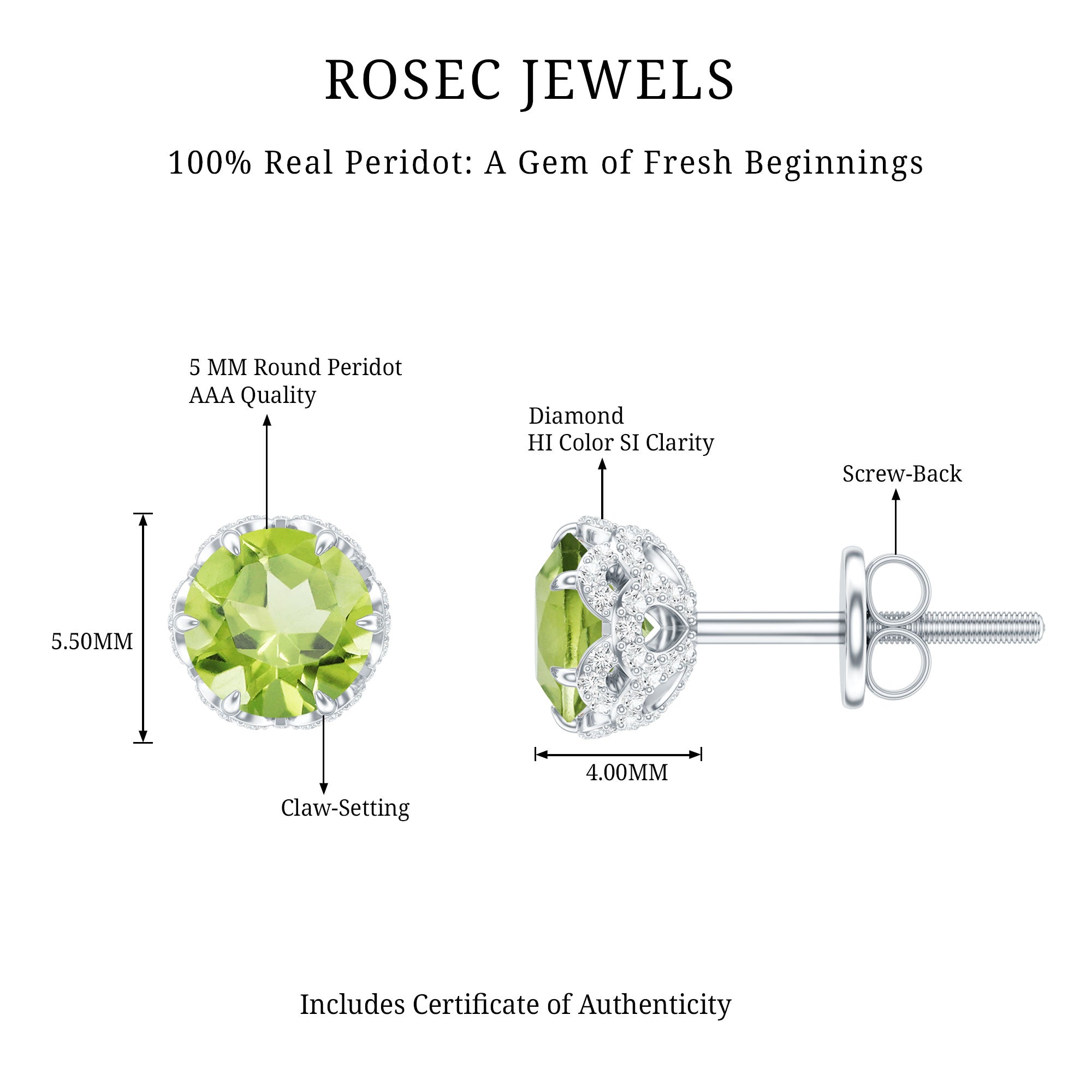Designer 1 Carat Peridot Stud Earrings with Diamond AAA - Rosec Jewels