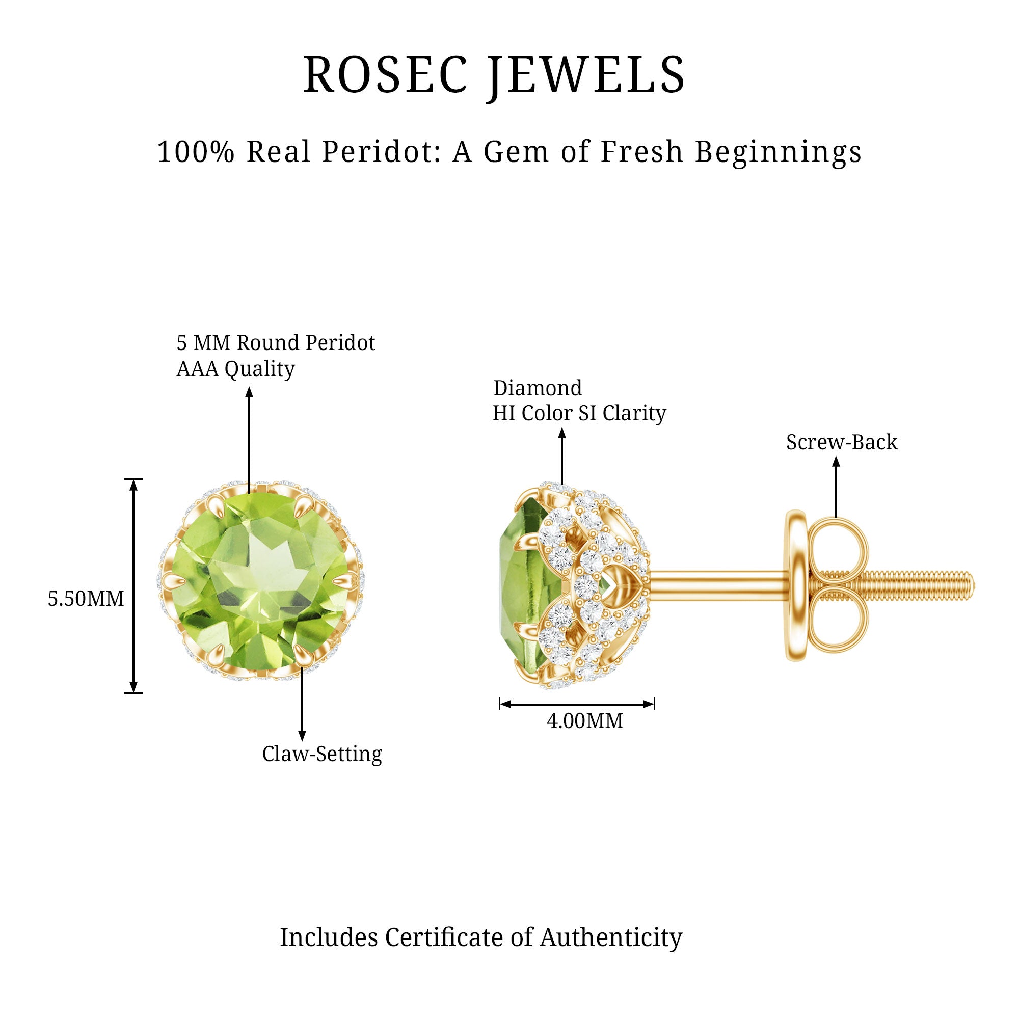 Designer 1 Carat Peridot Stud Earrings with Diamond AAA - Rosec Jewels