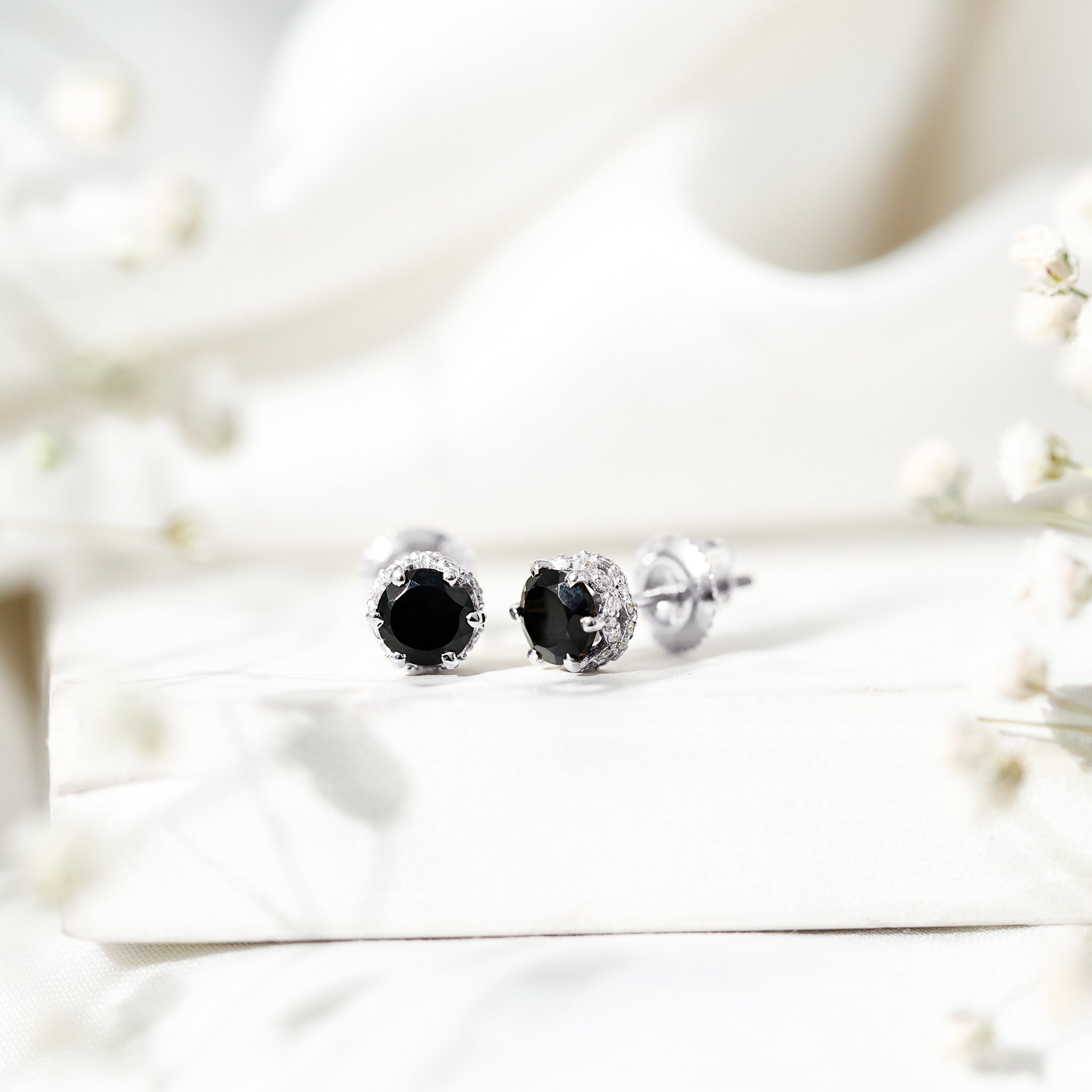 Lab Created Black Diamond Stud Earrings with White Diamonds AAAA ( Synthetic ) - Rosec Jewels