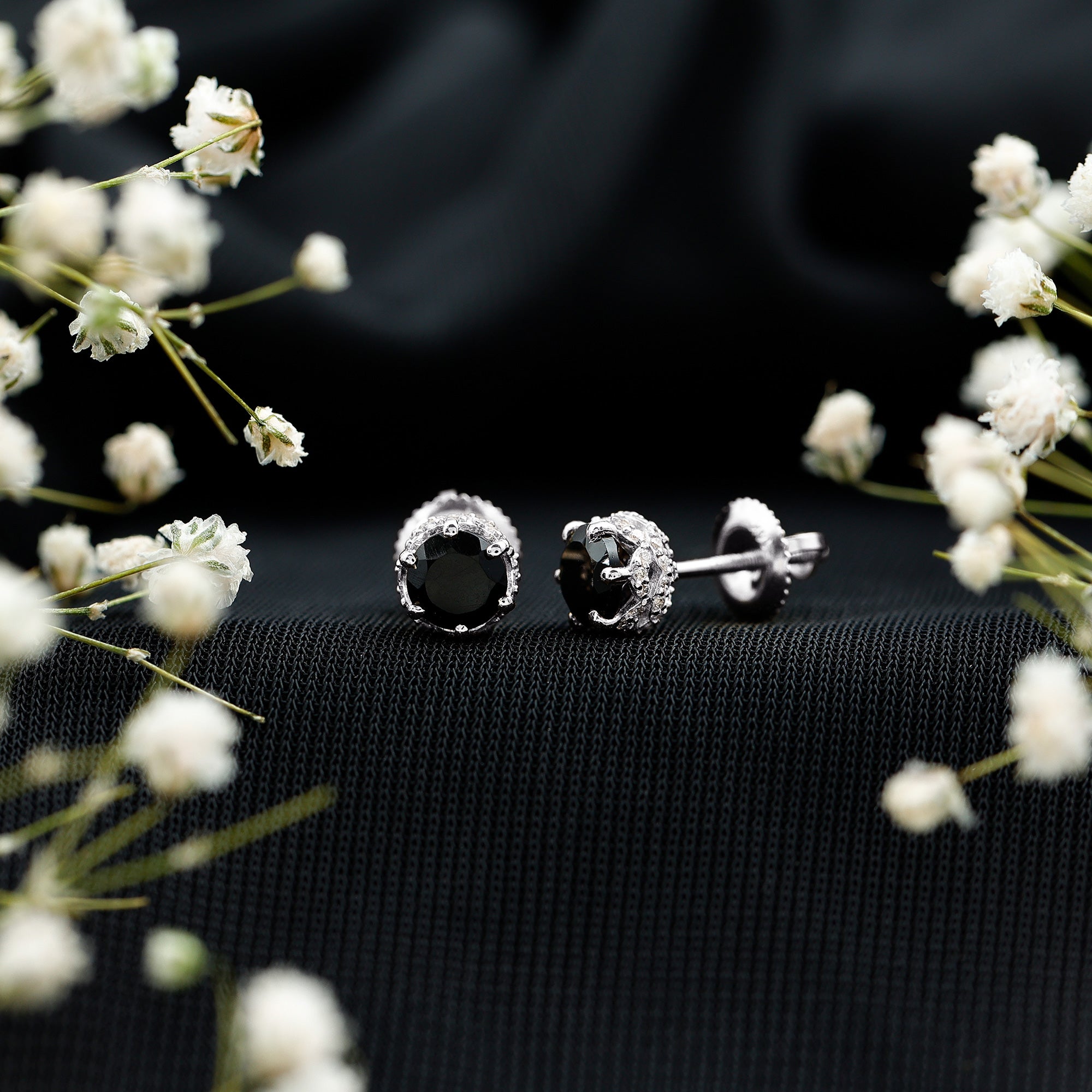 Lab Created Black Diamond Stud Earrings with White Diamonds AAAA ( Synthetic ) - Rosec Jewels