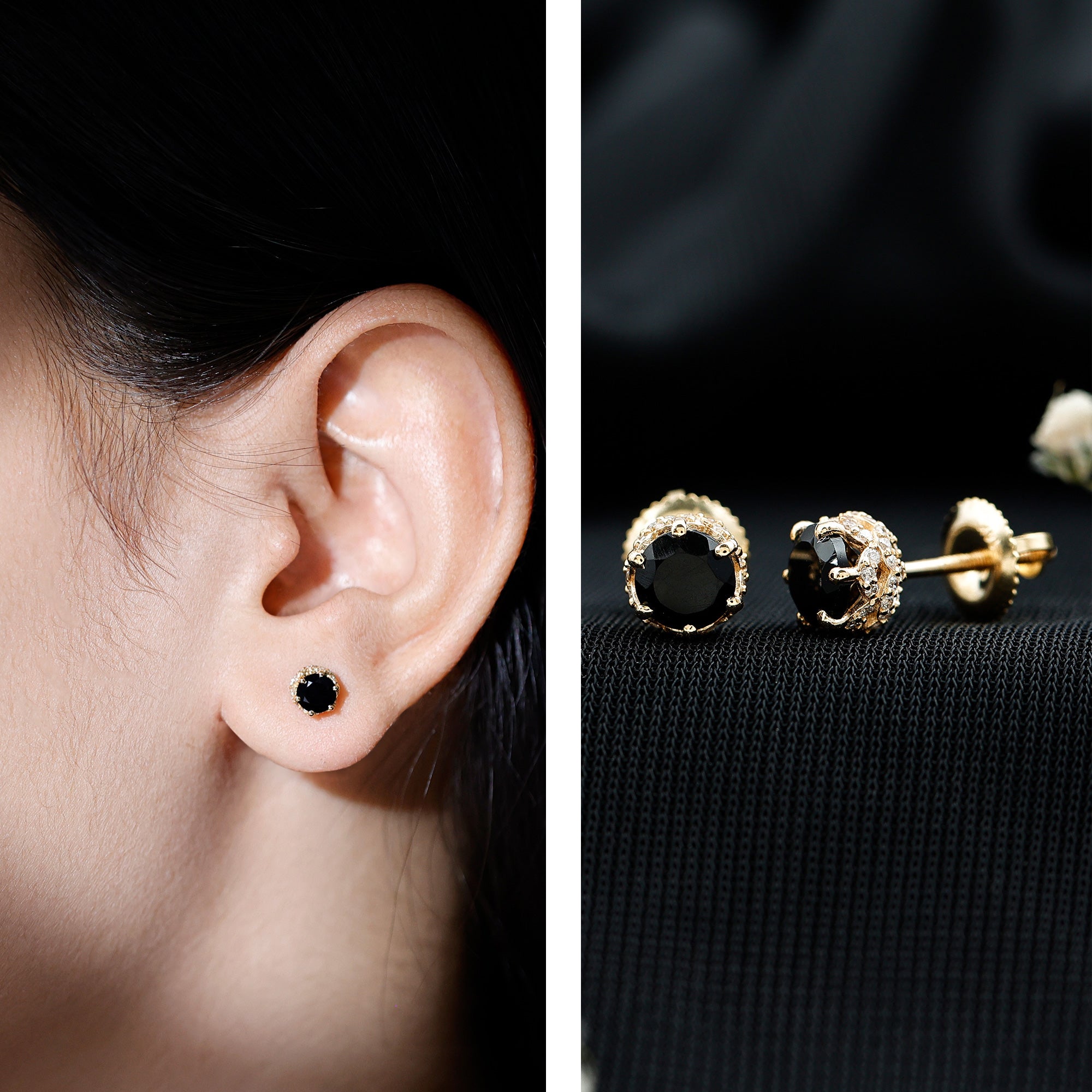 Lab Created Black Diamond Stud Earrings with White Diamonds AAAA ( Synthetic ) - Rosec Jewels