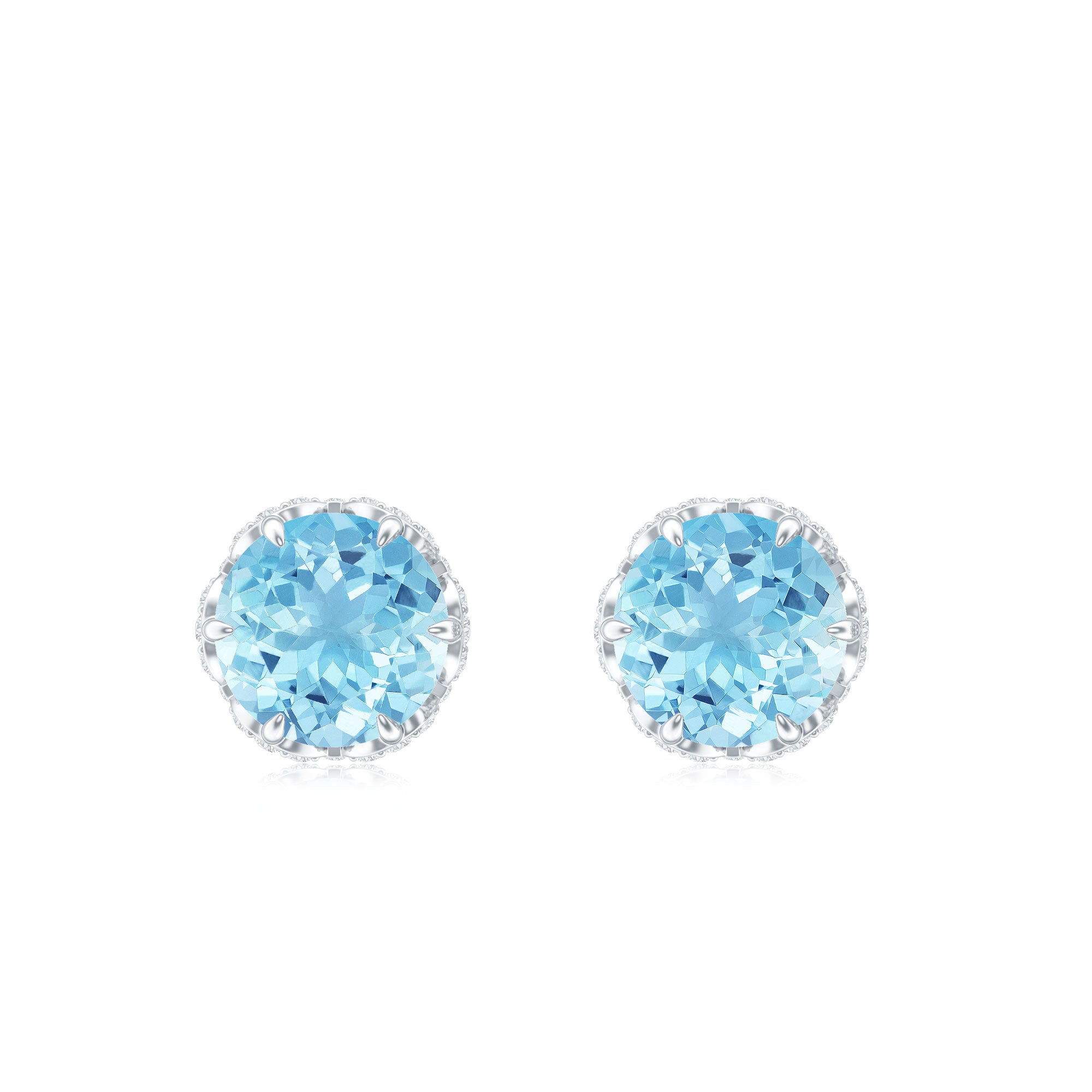 Natural Aquamarine Diamond Floral Stud Earrings with Screw Back AAA - Rosec Jewels