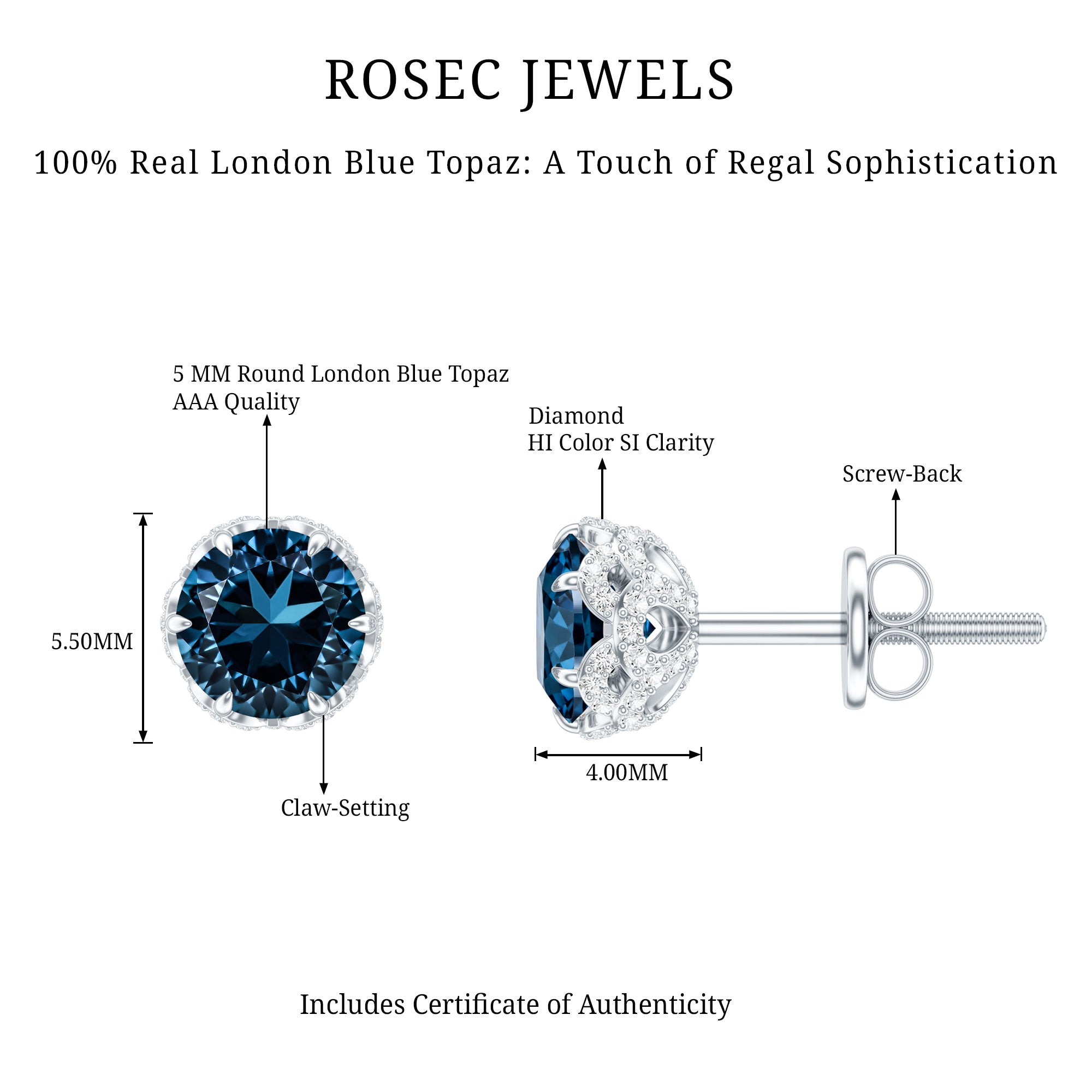 Designer London Blue Topaz Stud Earrings with Diamond AAA - Rosec Jewels