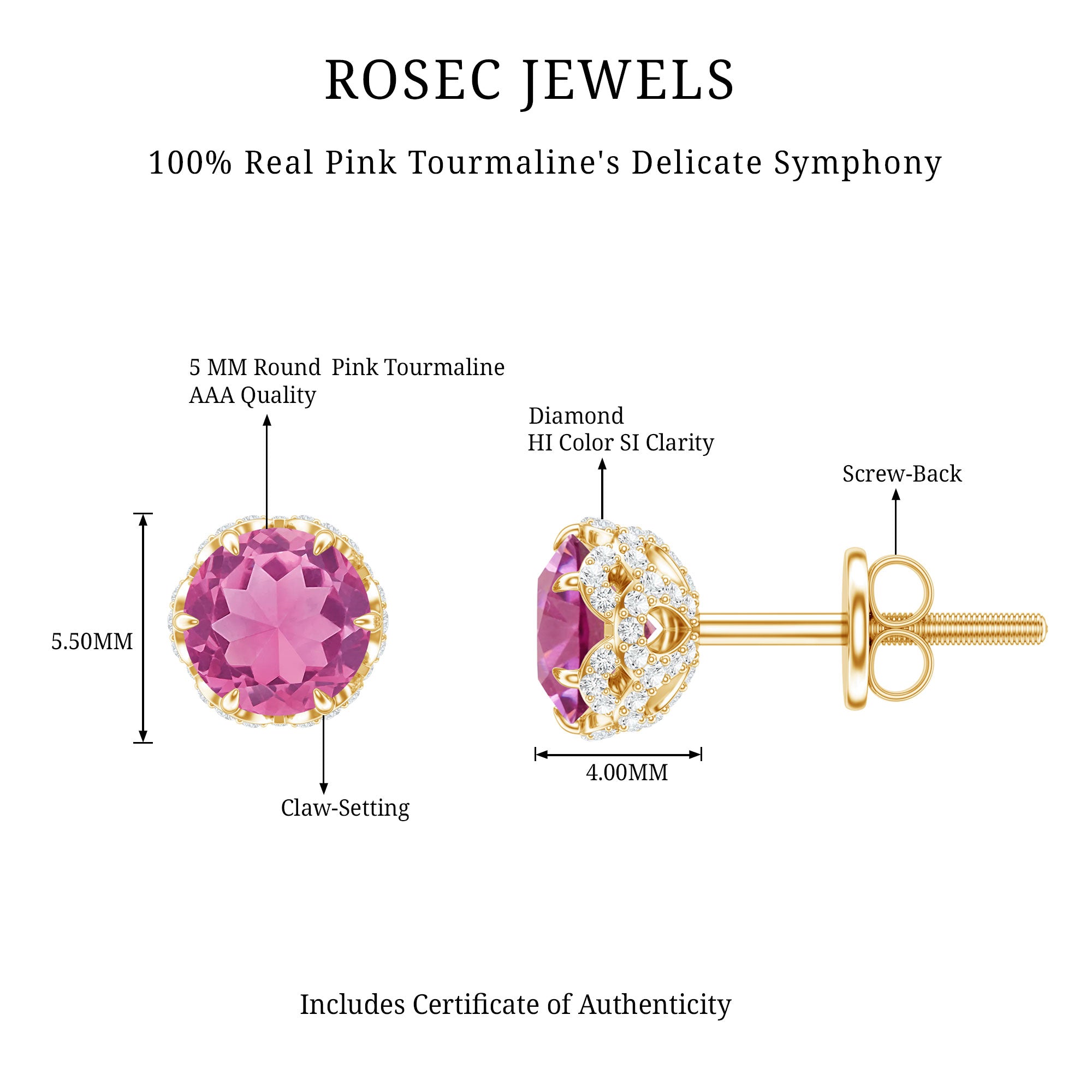 Designer 0.9 Carat Pink Tourmaline Stud Earrings with Diamond AAA - Rosec Jewels