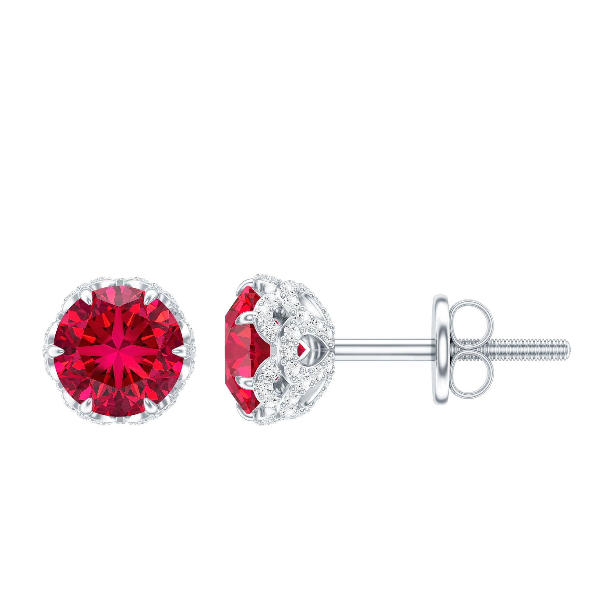 Certified Lab Grown Ruby Wedding Stud Earrings with Diamonds AAAA - Rosec Jewels
