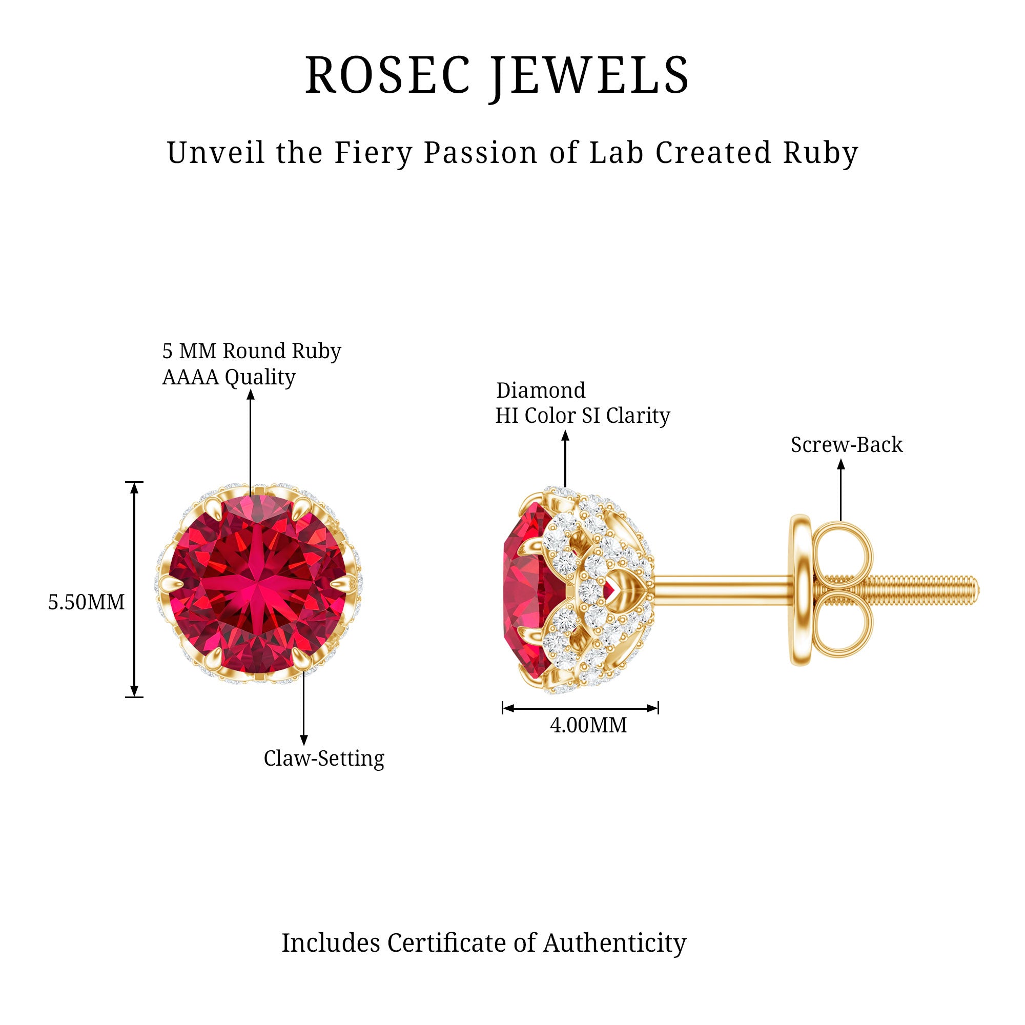 Certified Lab Grown Ruby Wedding Stud Earrings with Diamonds AAAA - Rosec Jewels