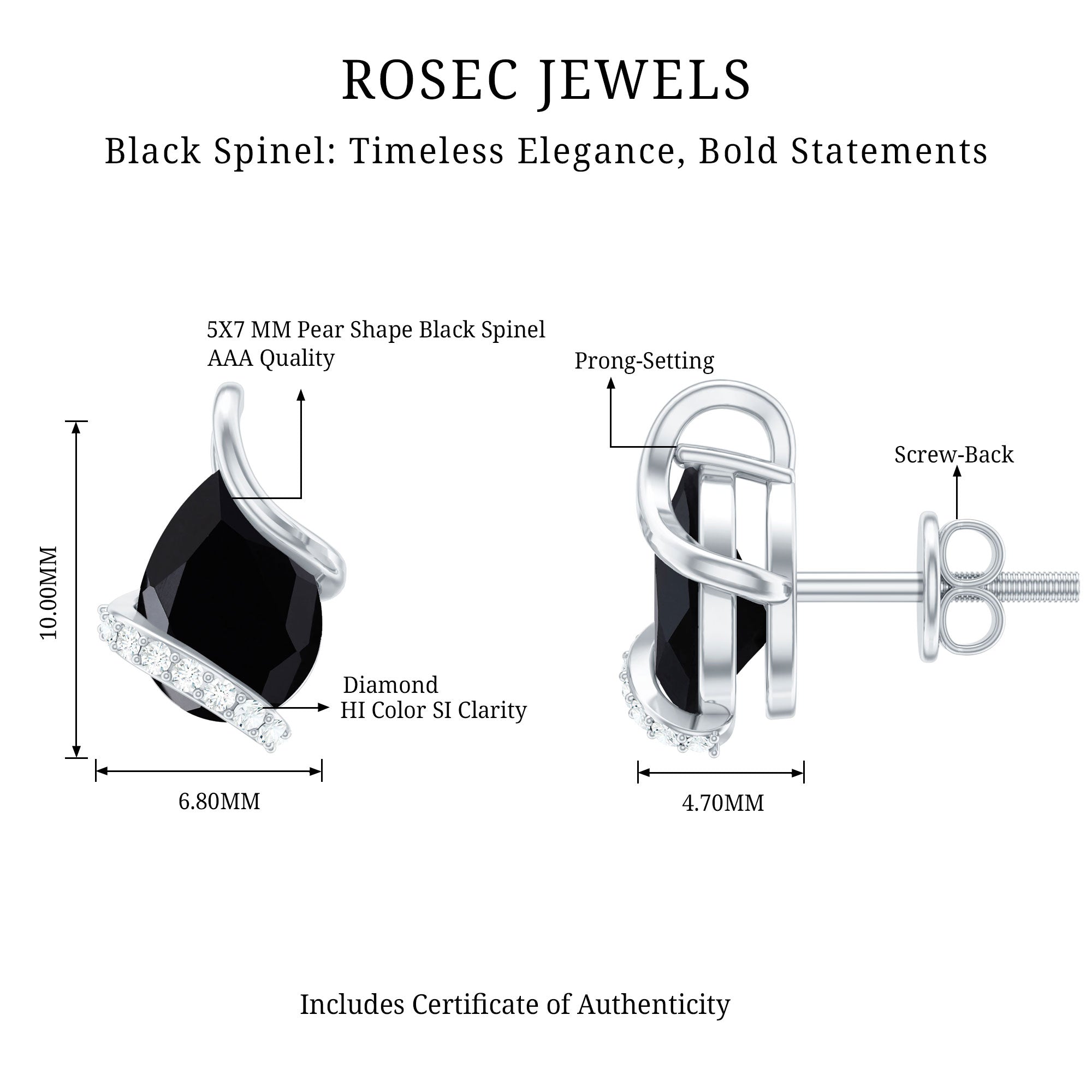 1.2 Carat Natural Black Spinel Teardrop Stud Earrings with Diamond AAA - Rosec Jewels