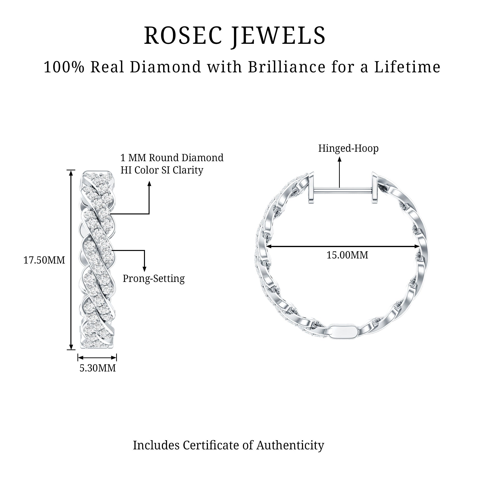 Natural Diamond Twisted Hoop Earrings with Certificate Natural - ( HI-SI ) - Rosec Jewels