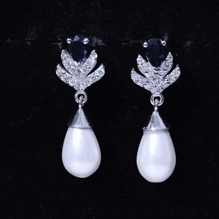 Freshwater Pearl and Blue Sapphire Teardrop Earrings with Moissanite AAA - Rosec Jewels