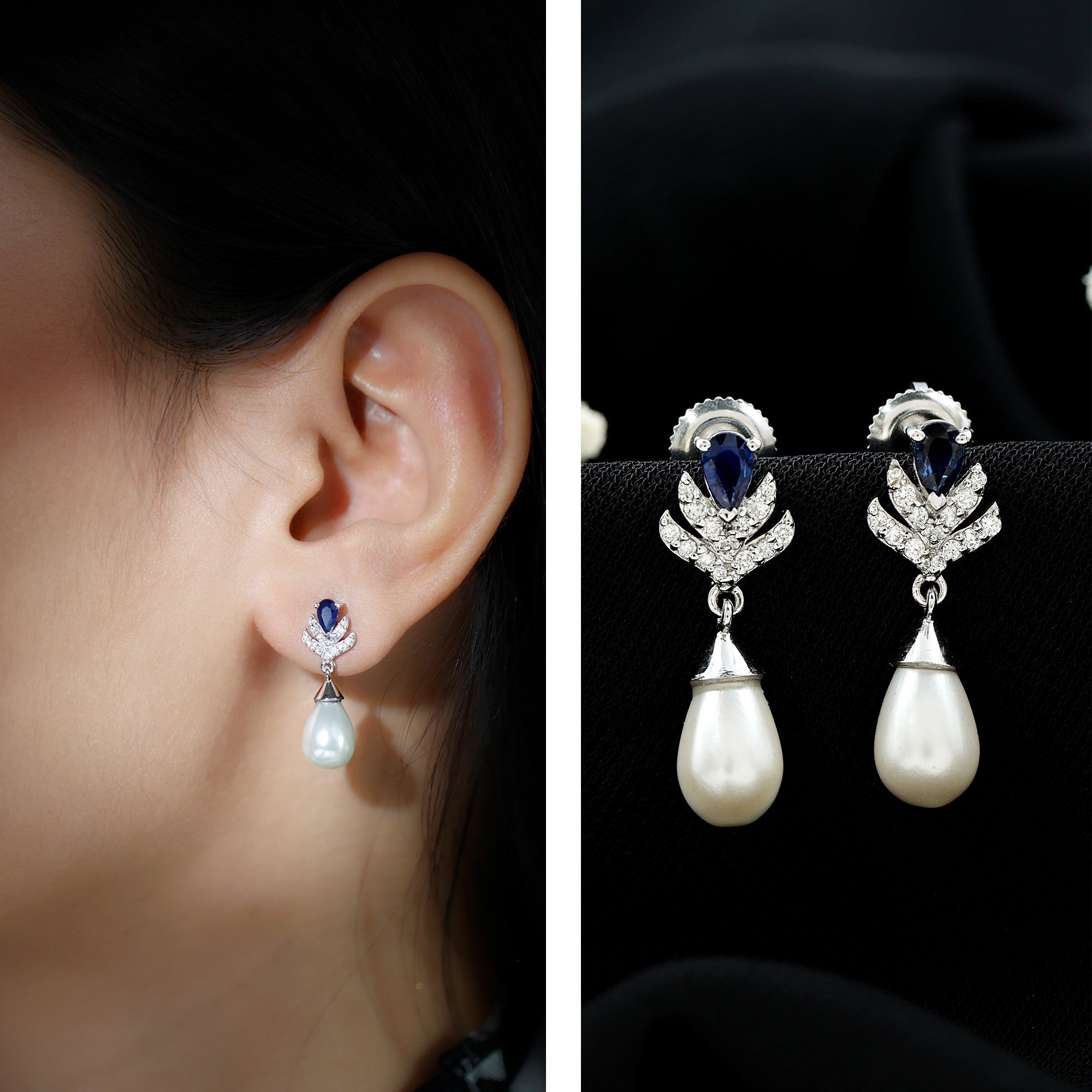 Freshwater Pearl and Blue Sapphire Teardrop Earrings with Moissanite AAA - Rosec Jewels