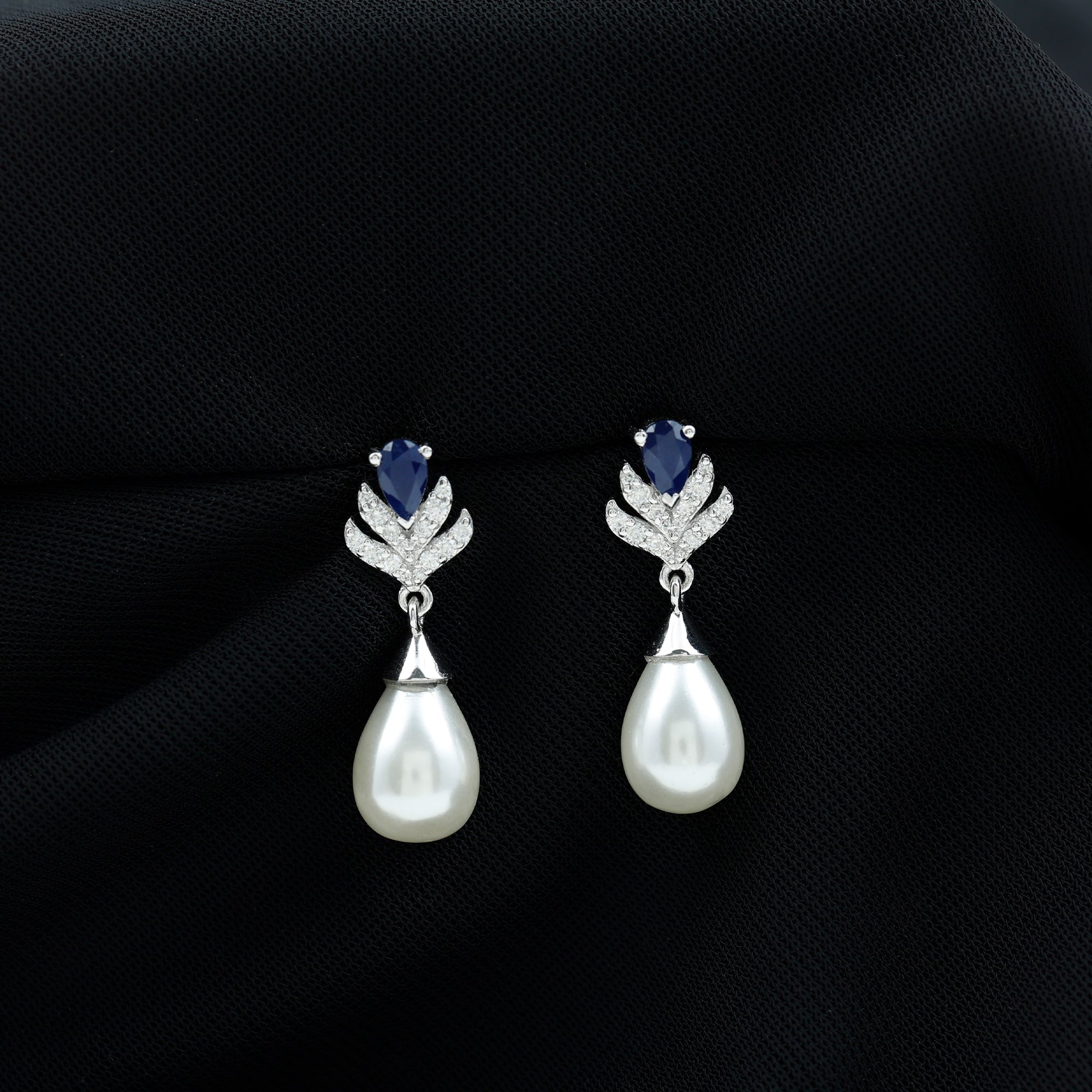 Freshwater Pearl and Blue Sapphire Teardrop Earrings with Moissanite AAA - Rosec Jewels