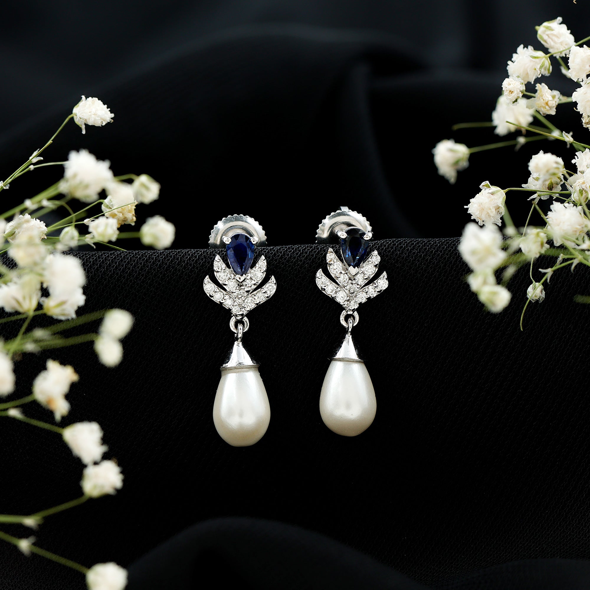 Freshwater Pearl and Blue Sapphire Teardrop Earrings with Moissanite AAA - Rosec Jewels