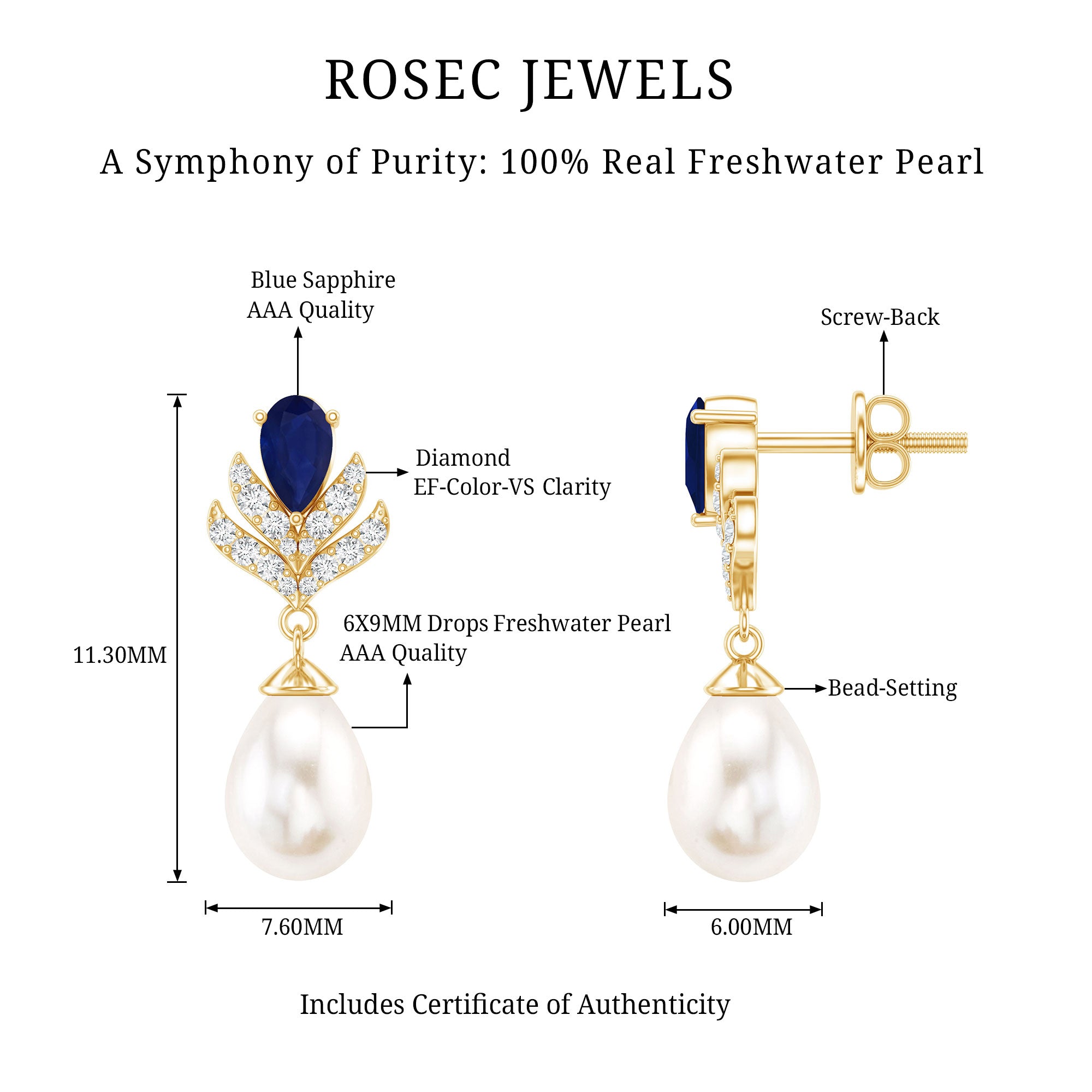 Freshwater Pearl and Blue Sapphire Teardrop Earrings with Moissanite AAA - Rosec Jewels