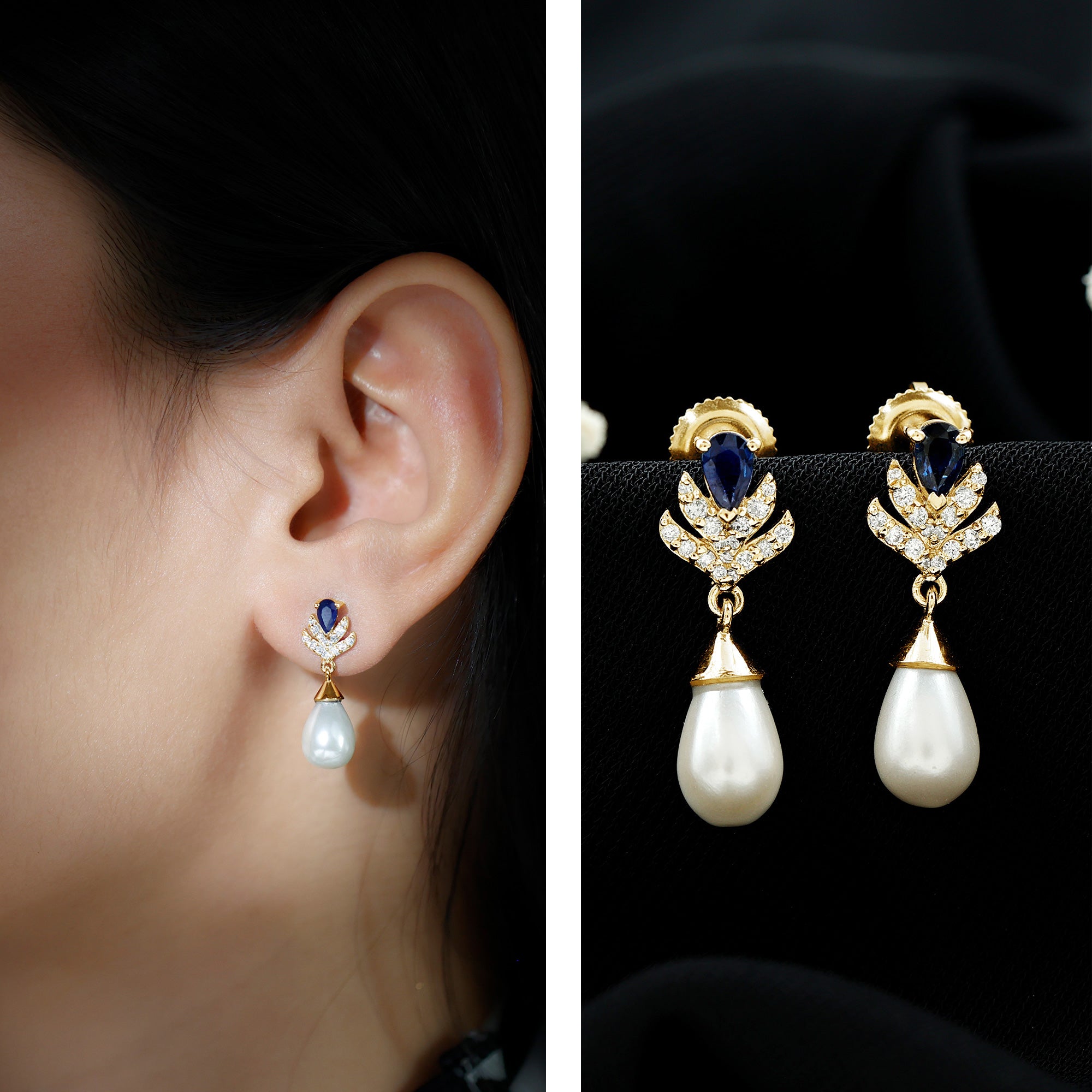Freshwater Pearl and Blue Sapphire Teardrop Earrings with Moissanite AAA - Rosec Jewels