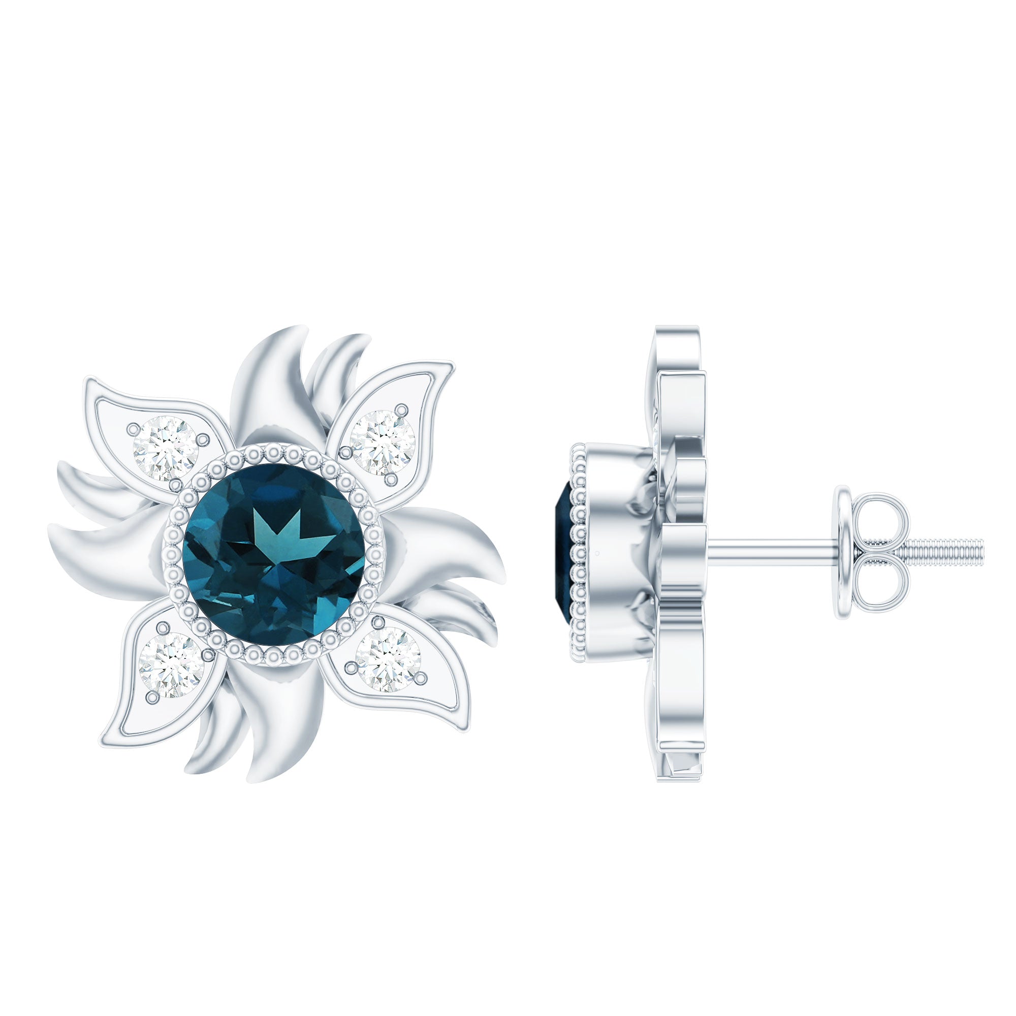 London Blue Topaz and Diamond Flower Stud Earrings AAA - Rosec Jewels
