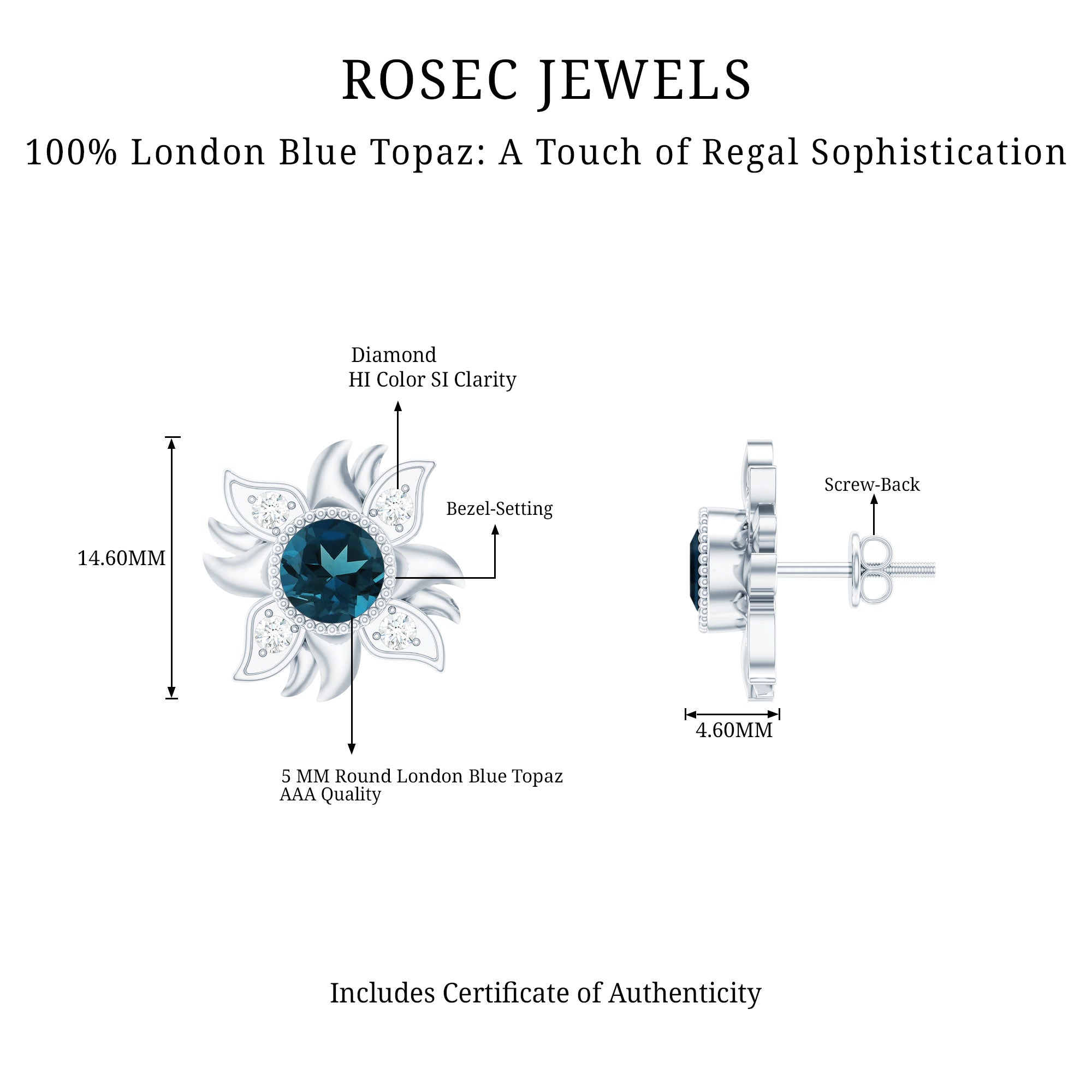 London Blue Topaz and Diamond Flower Stud Earrings AAA - Rosec Jewels