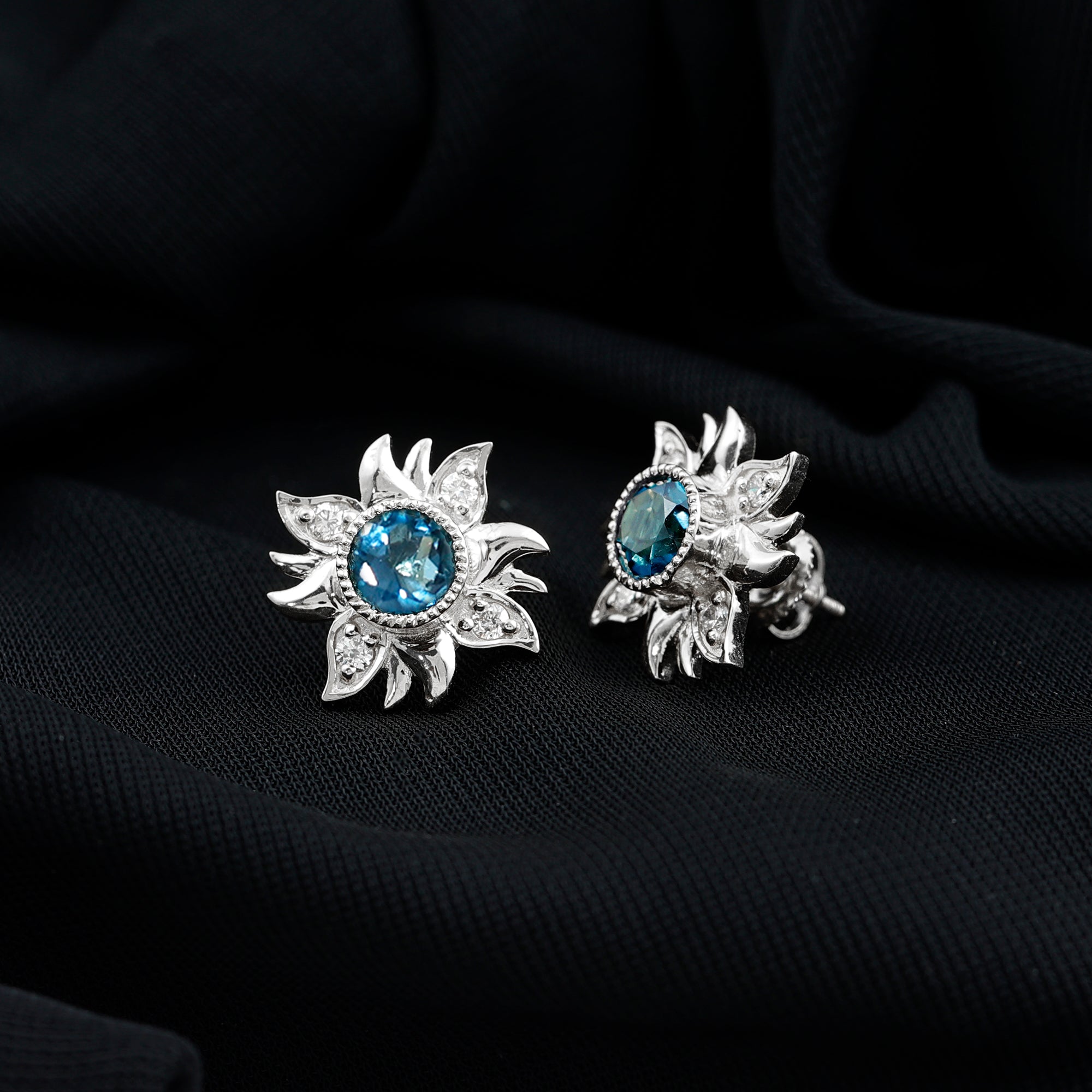 London Blue Topaz and Diamond Flower Stud Earrings AAA - Rosec Jewels