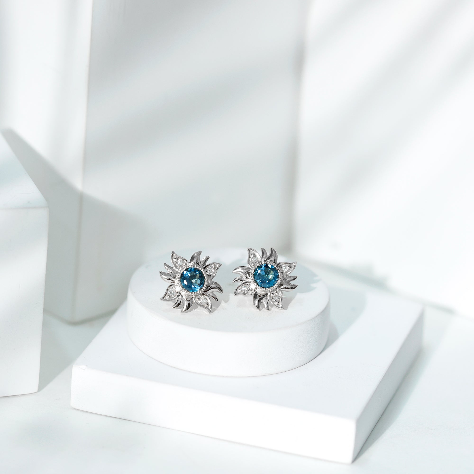 London Blue Topaz and Diamond Flower Stud Earrings AAA - Rosec Jewels