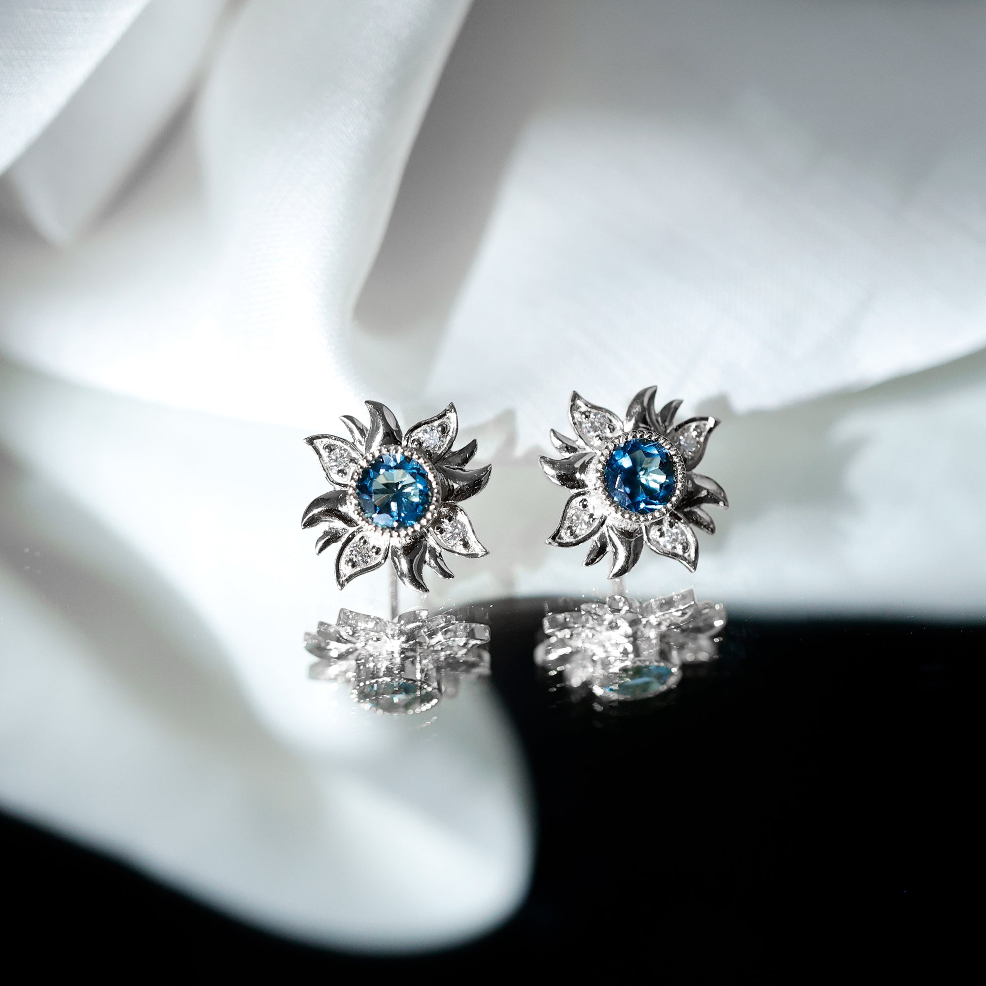 London Blue Topaz and Diamond Flower Stud Earrings AAA - Rosec Jewels