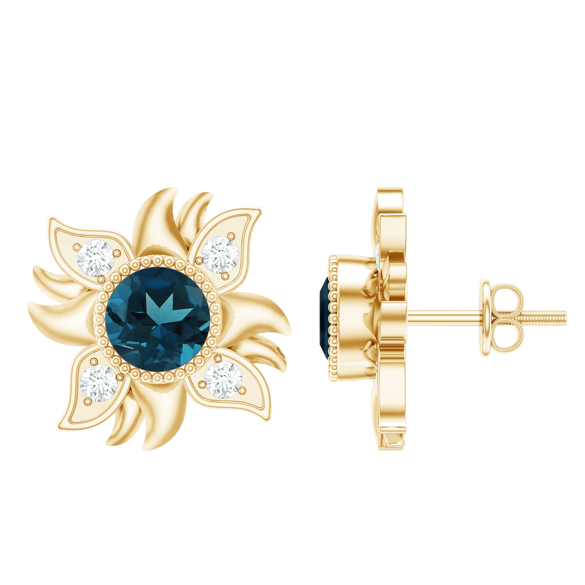 London Blue Topaz and Diamond Flower Stud Earrings AAA - Rosec Jewels