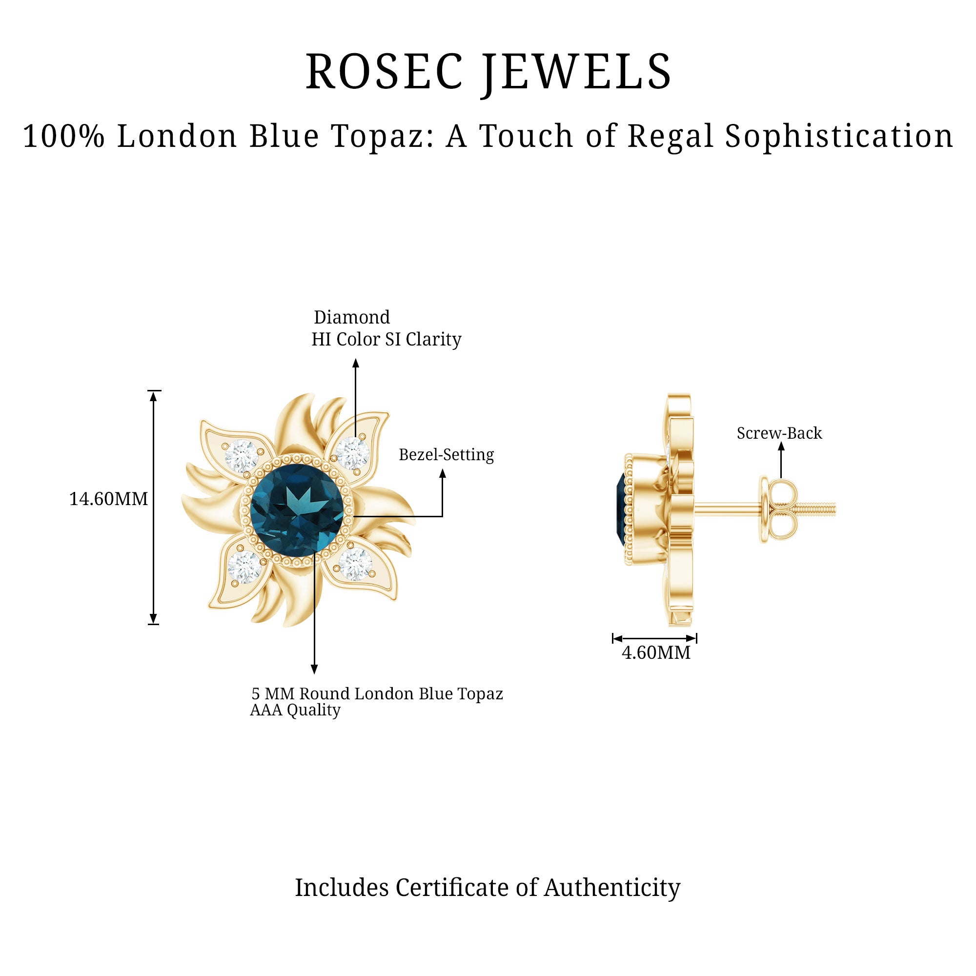 London Blue Topaz and Diamond Flower Stud Earrings AAA - Rosec Jewels