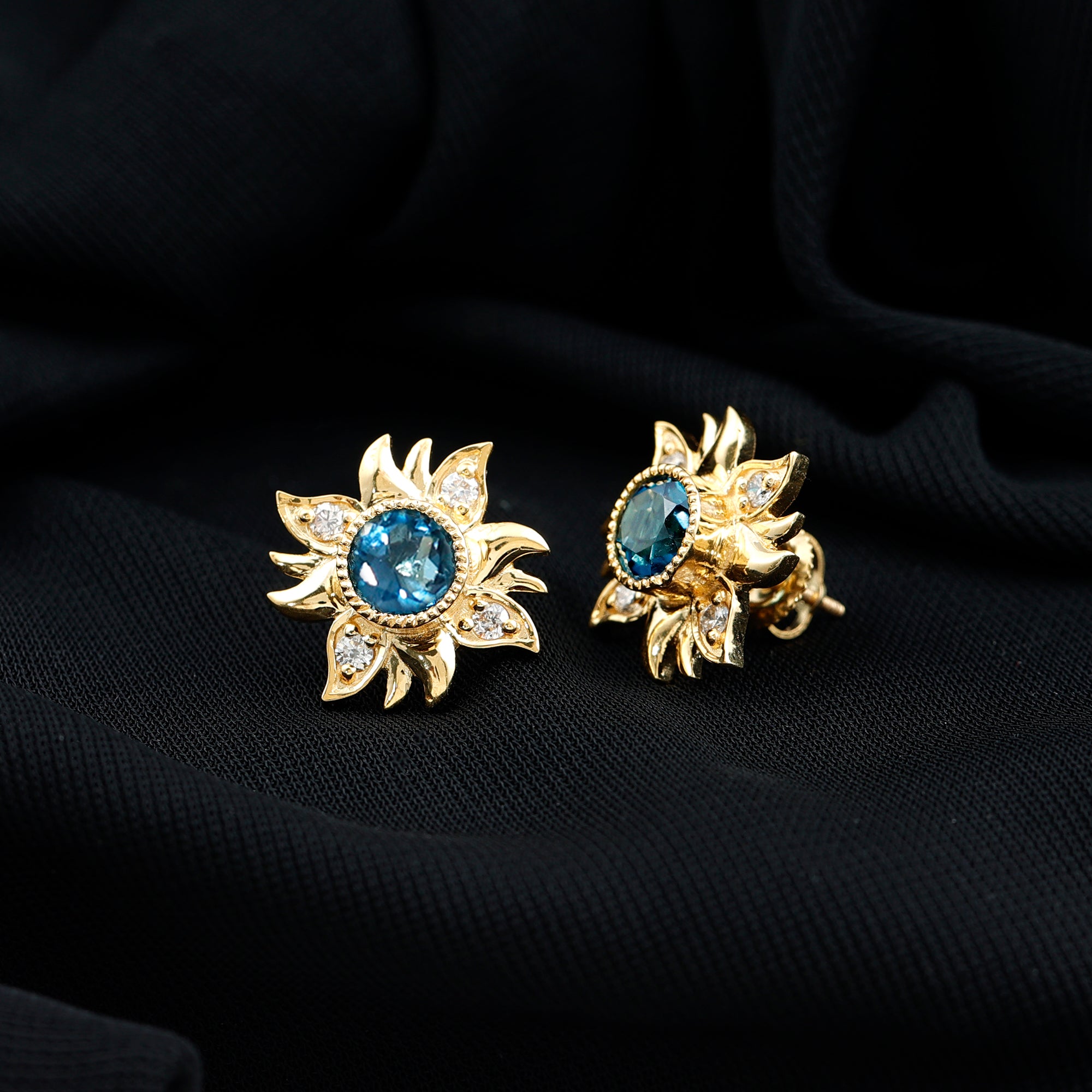 London Blue Topaz and Diamond Flower Stud Earrings AAA - Rosec Jewels