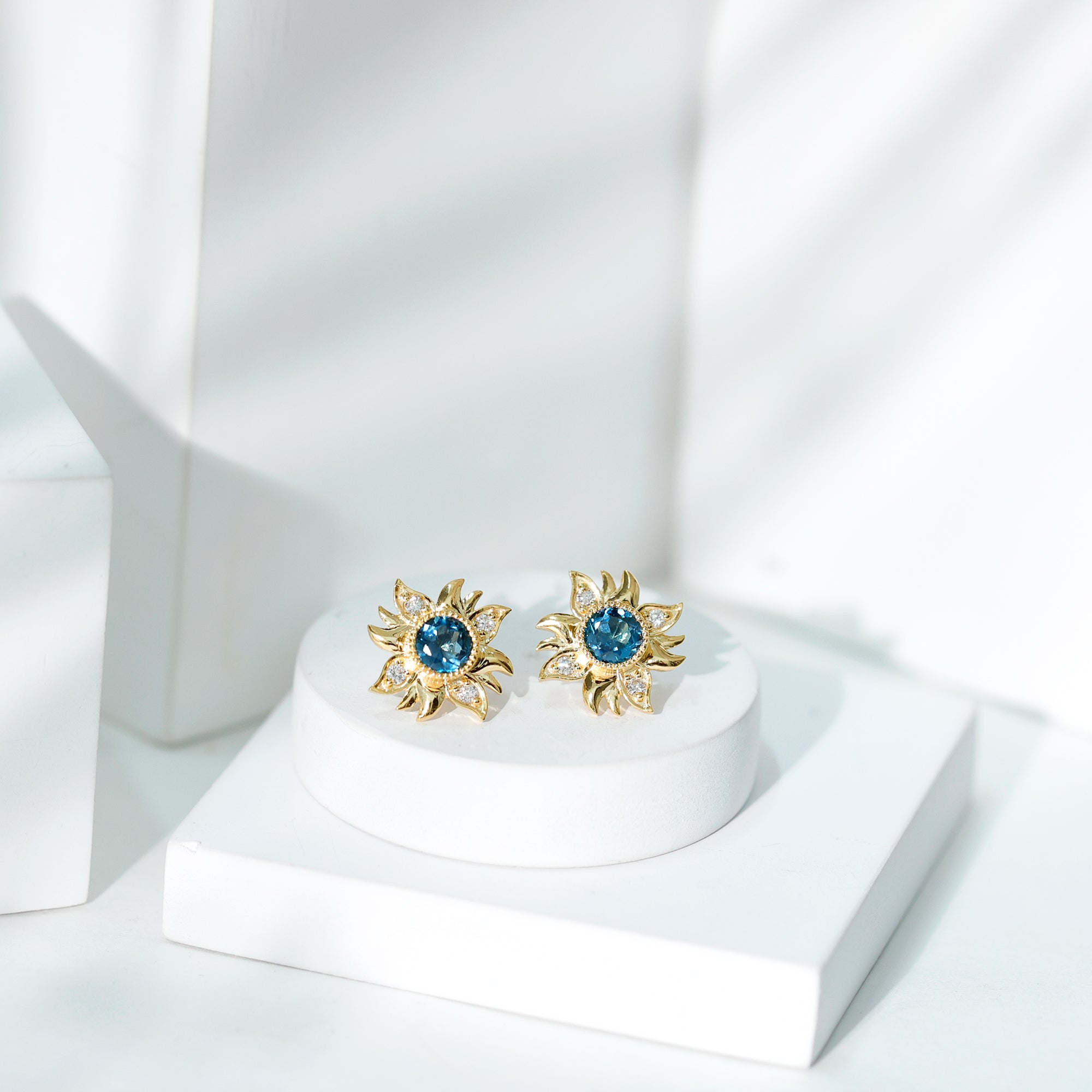 London Blue Topaz and Diamond Flower Stud Earrings AAA - Rosec Jewels
