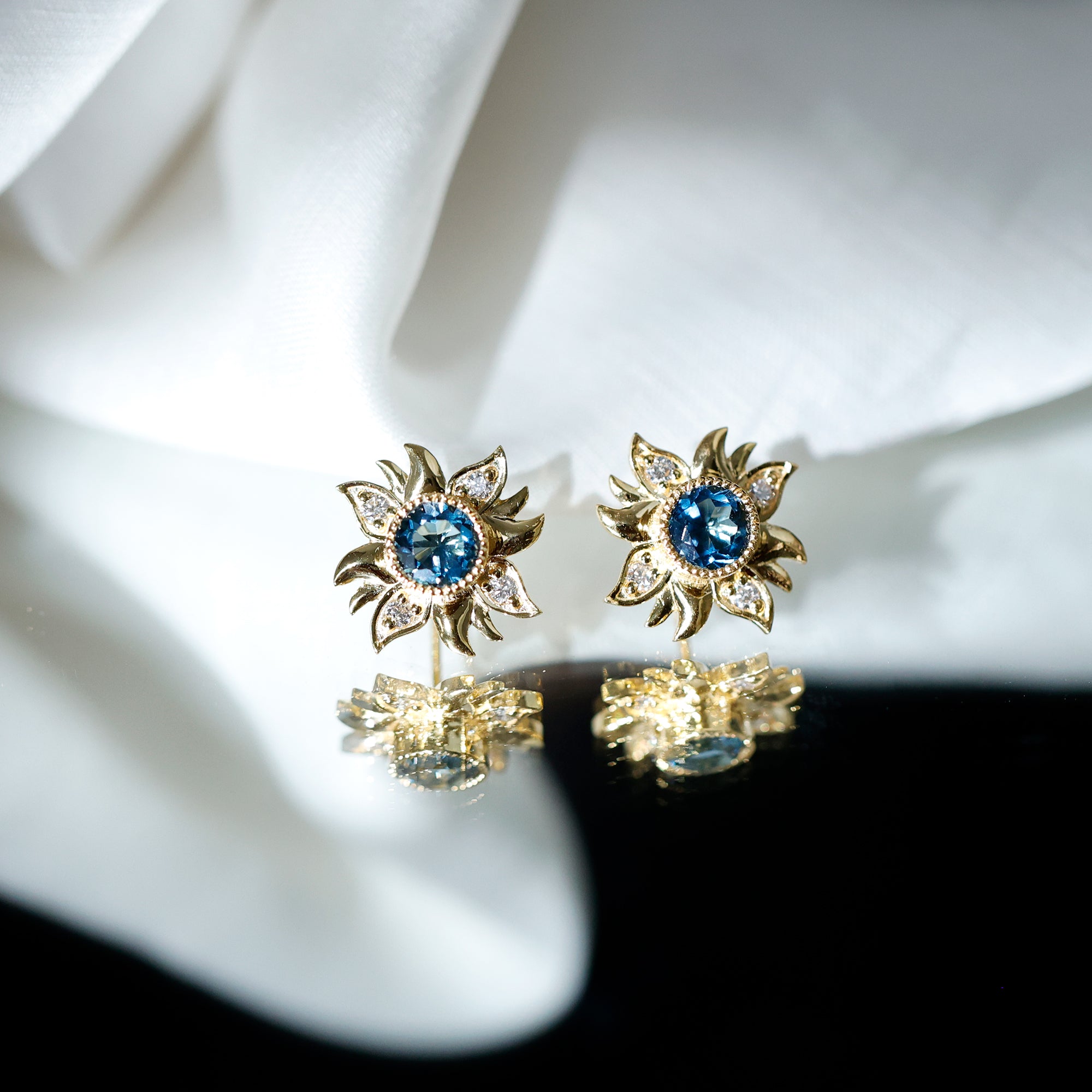 London Blue Topaz and Diamond Flower Stud Earrings AAA - Rosec Jewels