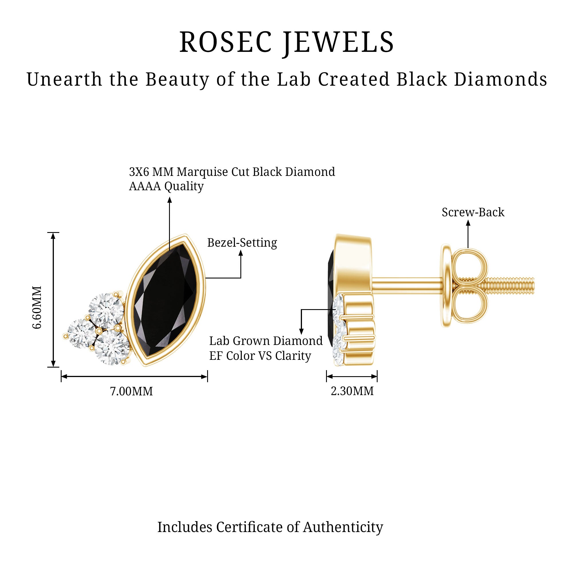 Marquise Shape 0.7 Carat Lab Grown Black and White Diamond Stud Earrings AAAA ( Synthetic ) 14K Yellow Gold Plated Silver - Rosec Jewels