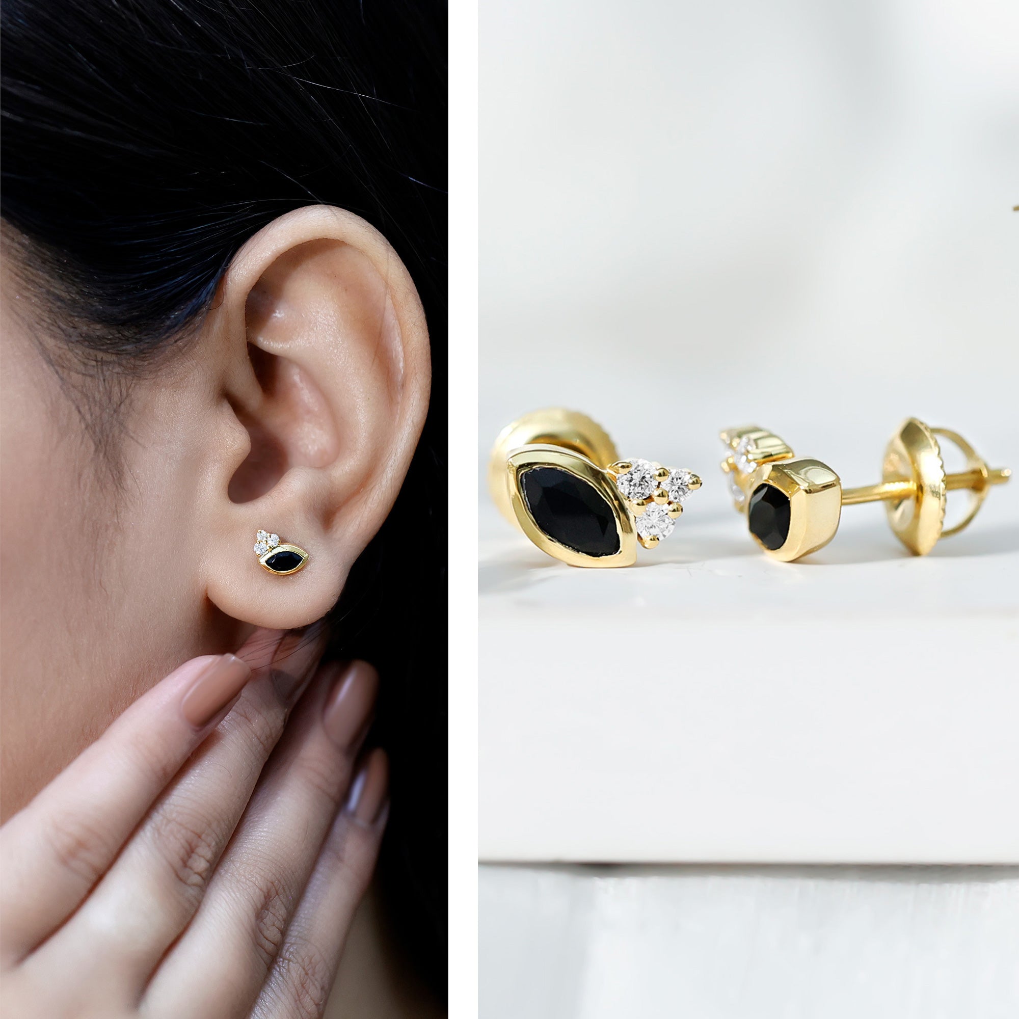 Marquise Shape 0.7 Carat Lab Grown Black and White Diamond Stud Earrings AAAA ( Synthetic ) 14K Yellow Gold Plated Silver - Rosec Jewels