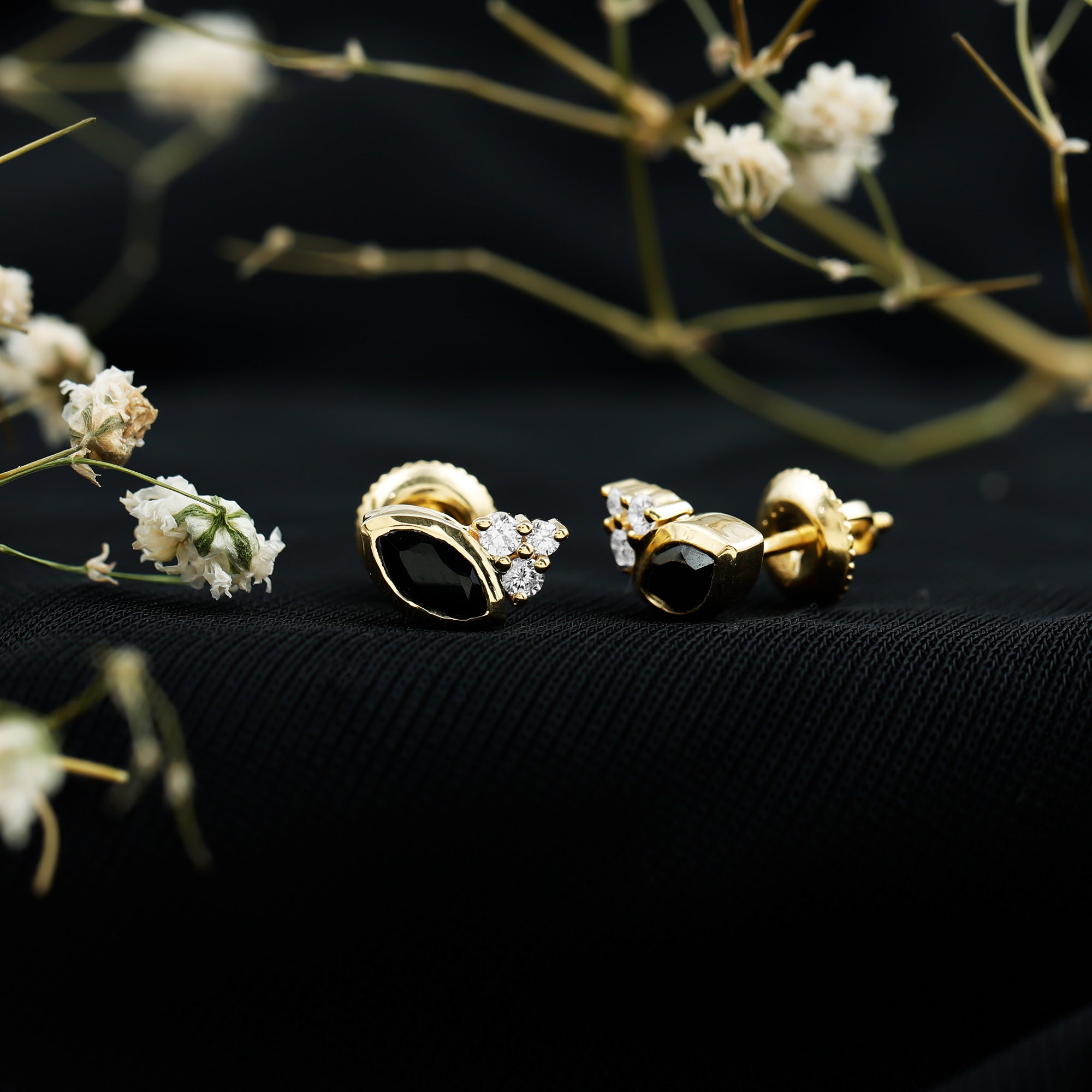 Marquise Shape 0.7 Carat Lab Grown Black and White Diamond Stud Earrings AAAA ( Synthetic ) 14K Yellow Gold Plated Silver - Rosec Jewels